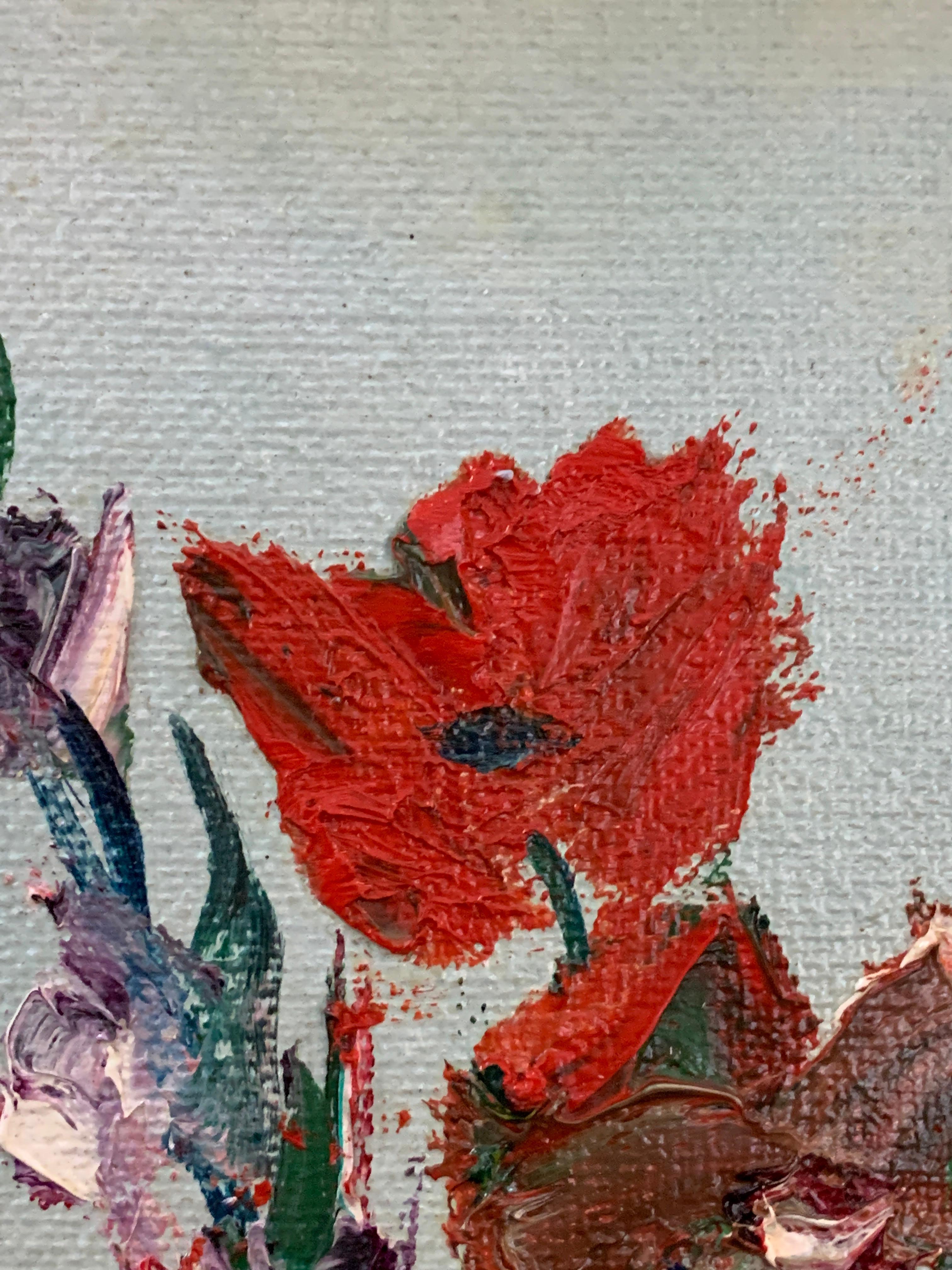 Impressionist mid-century still life of flowers in a vase, with poppies.

This is an oil on canvas and is framed in a vintage English frame. 

The artist was also a restorer and maybe more famous as running a studio of forgers in London, as well as