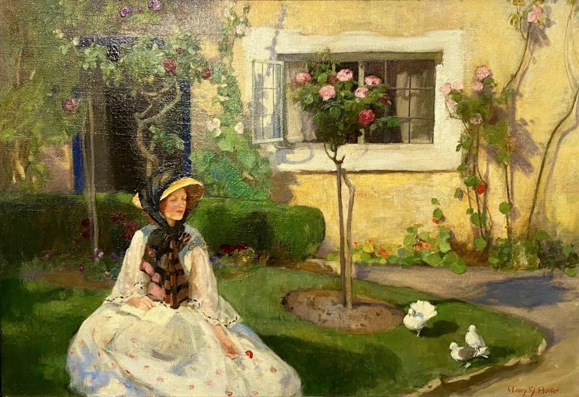 English Impressionist oil, lady in her garden feeding the birds, with Roses - Painting by Mary Ethel Young Hunter