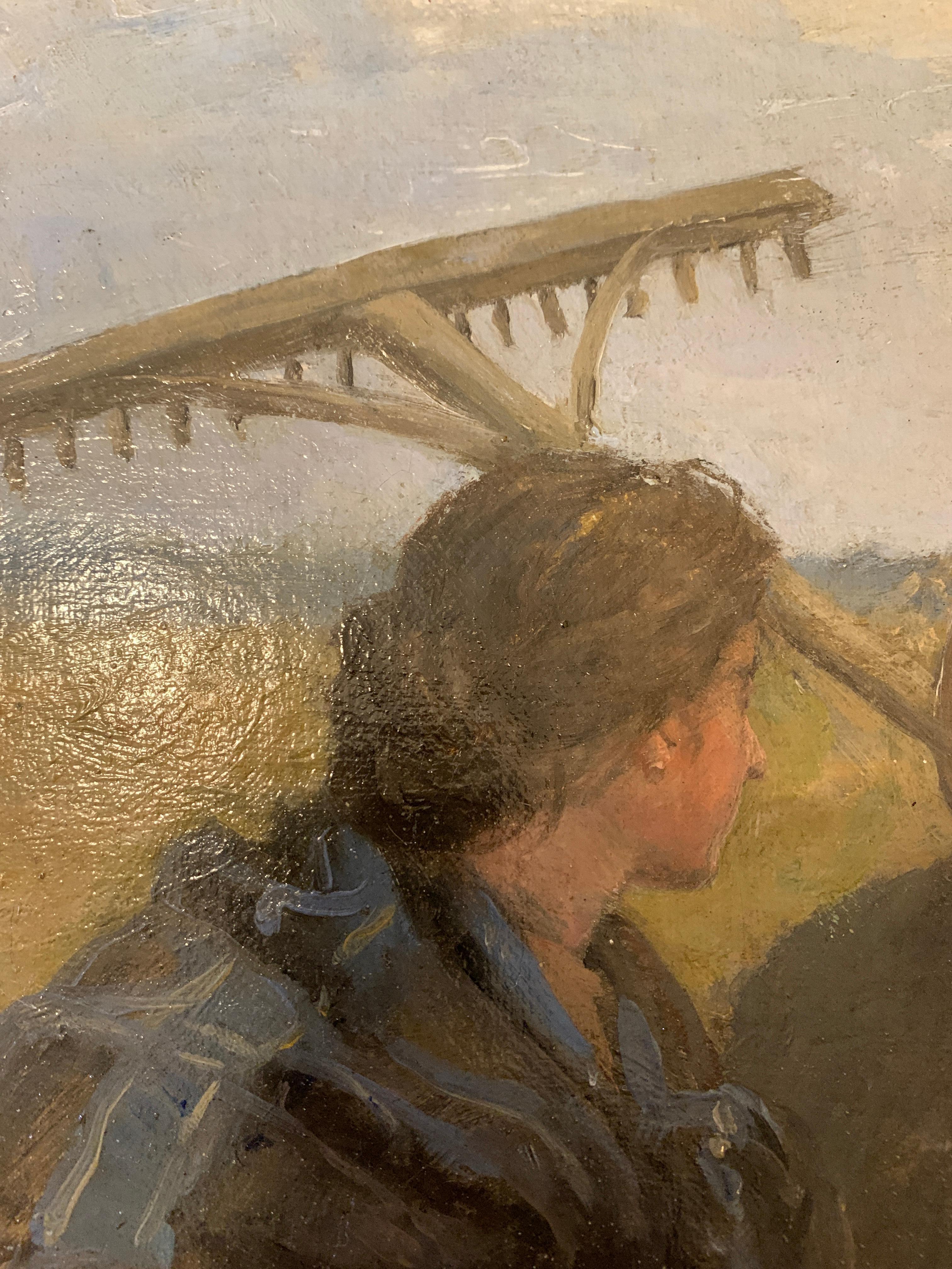 20th century British Impressionist oil of two women harvesting in a landscape - Brown Landscape Painting by John McGhie