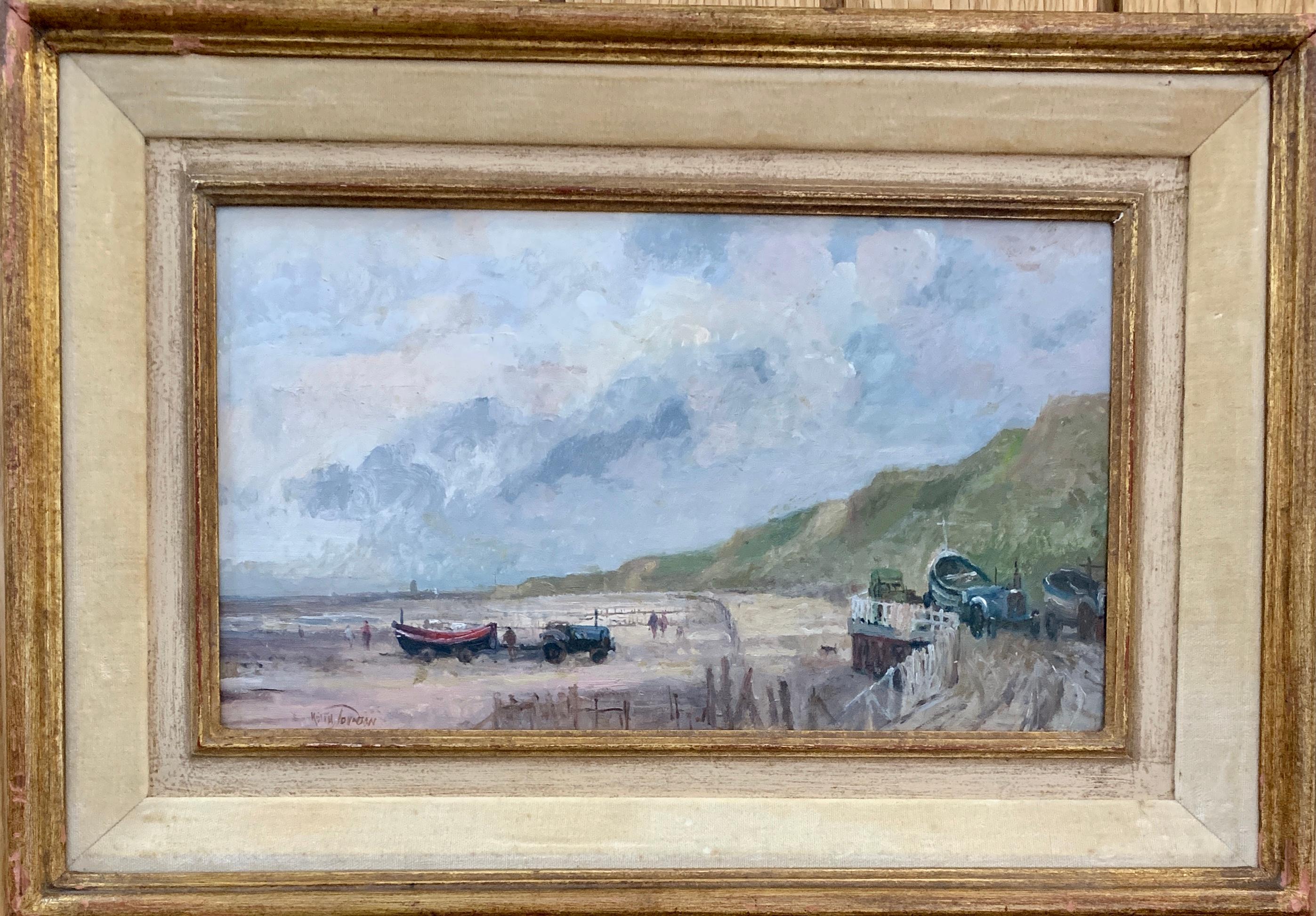 Keith Johnson Figurative Painting - English Impressionist 20th century beach scene with tractor, fishing boats.