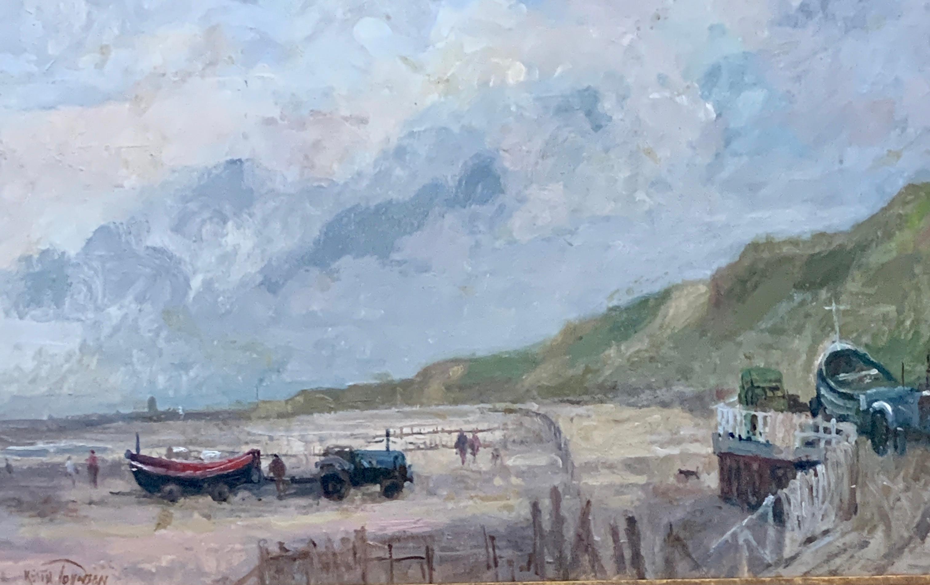 English Impressionist 20th century beach scene with tractor, fishing boats. - Painting by Keith Johnson