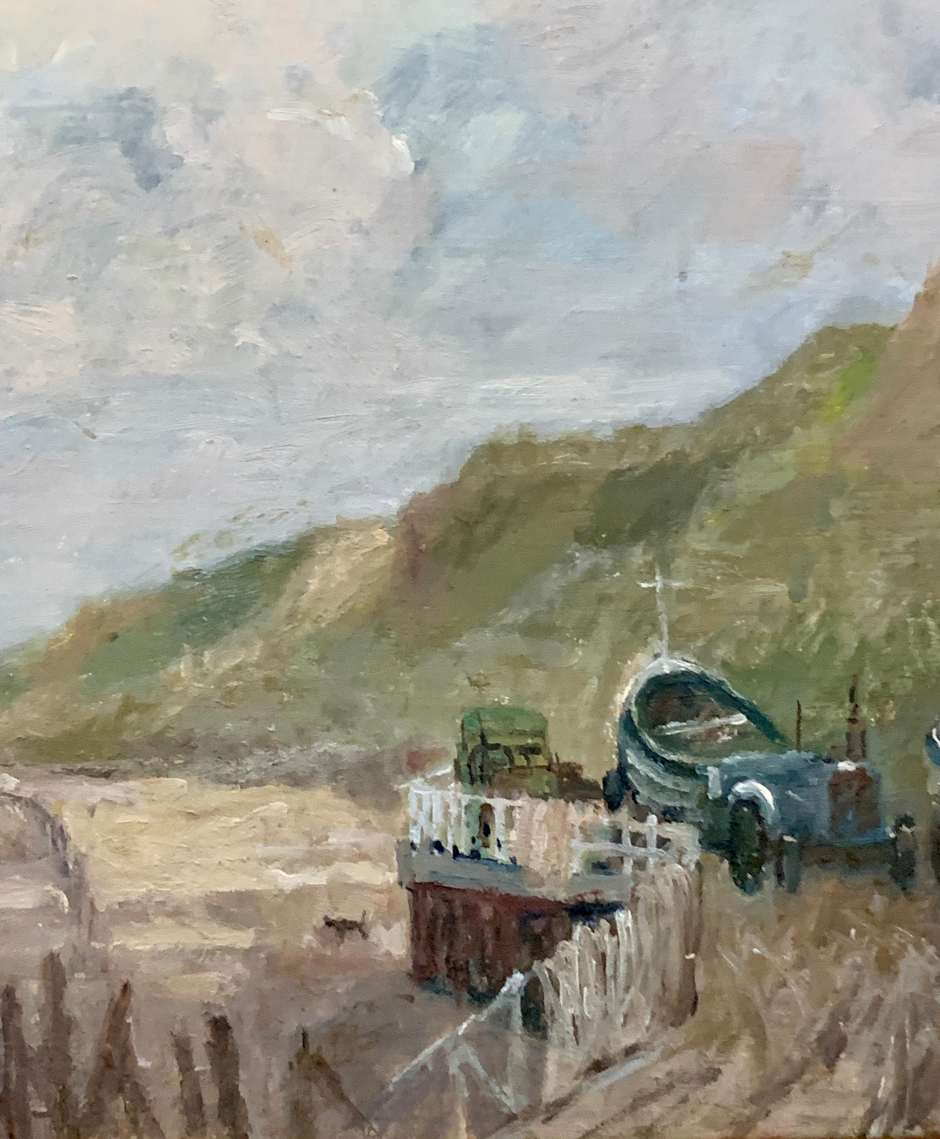 English Impressionist 20th century beach scene with tractor, fishing boats. - Gray Figurative Painting by Keith Johnson