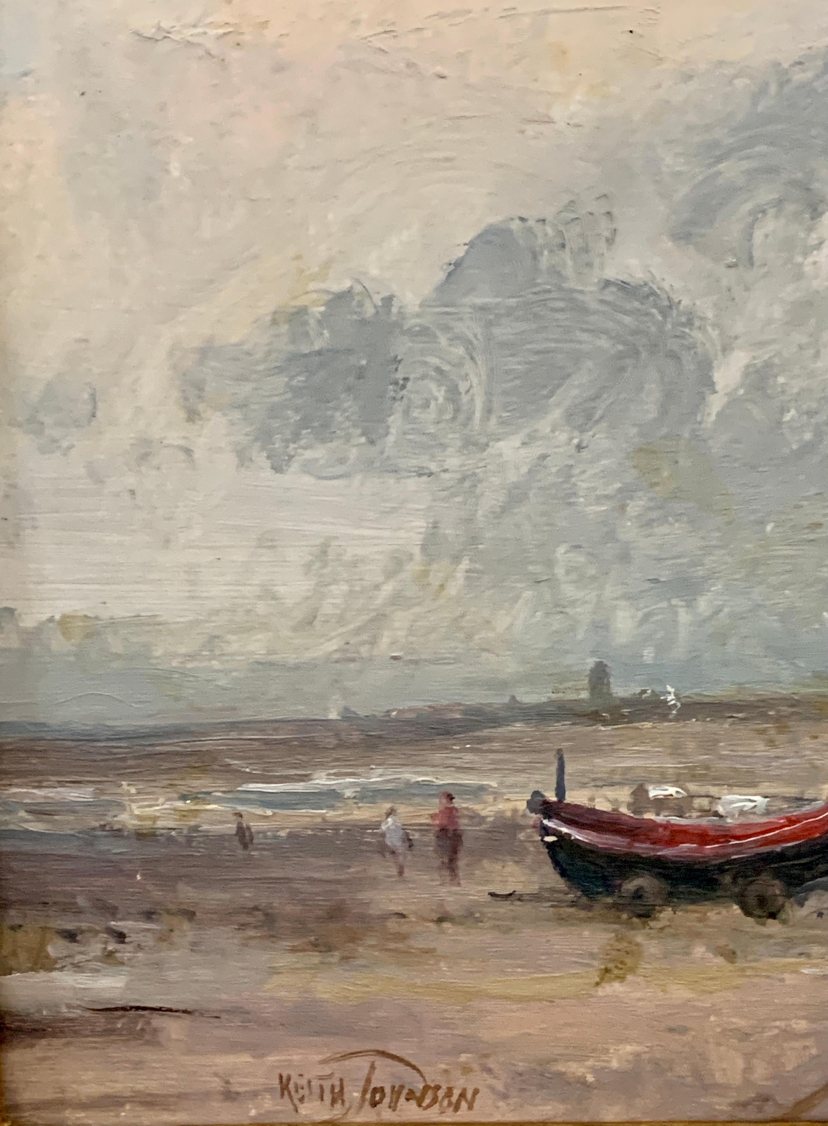 English Impressionist 20th century beach scene with tractor, fishing boats. 1