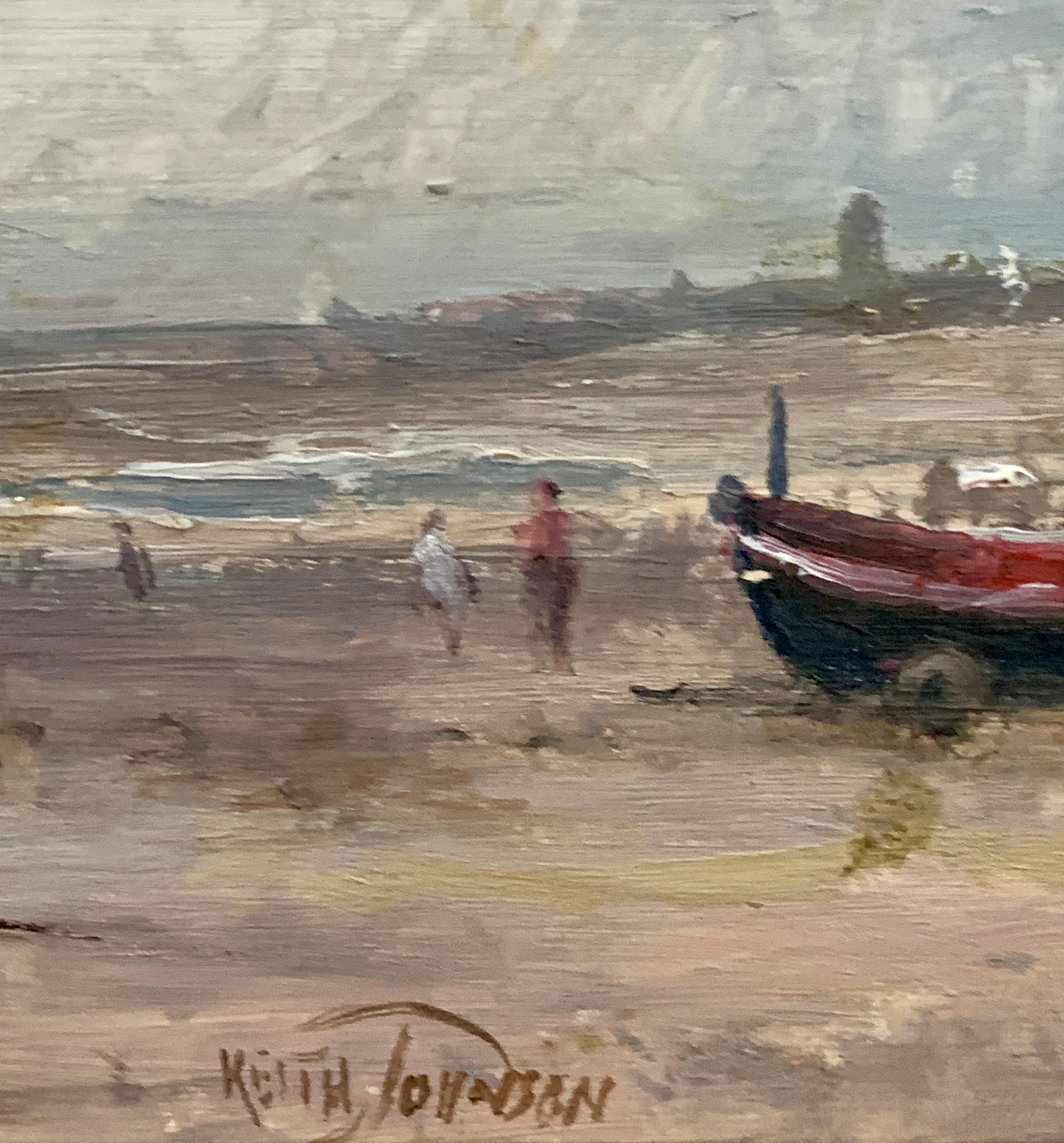 English Impressionist 20th century beach scene with tractor, fishing boats. 2
