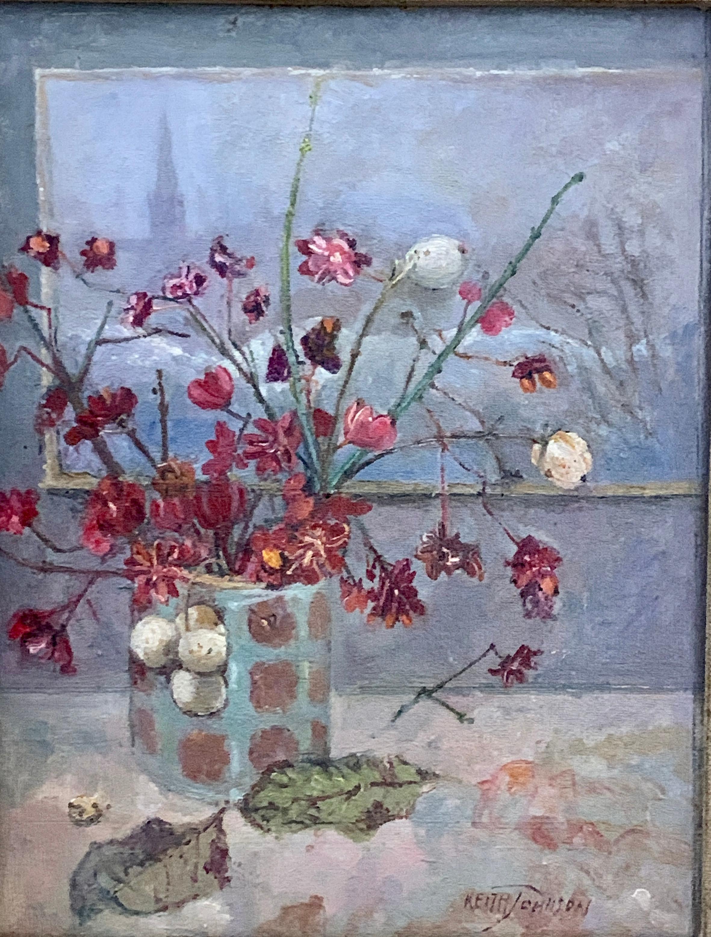 Impressionist English 20th century still life of flowers, Euonymus, snowberries - Painting by Keith Johnson