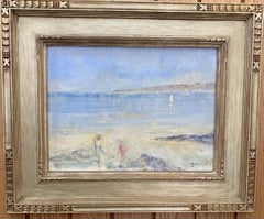 20th century French Impressionist beach scene with figures on the beach playing