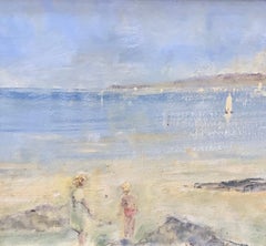 20th century French Impressionist beach scene with figures on the beach playing