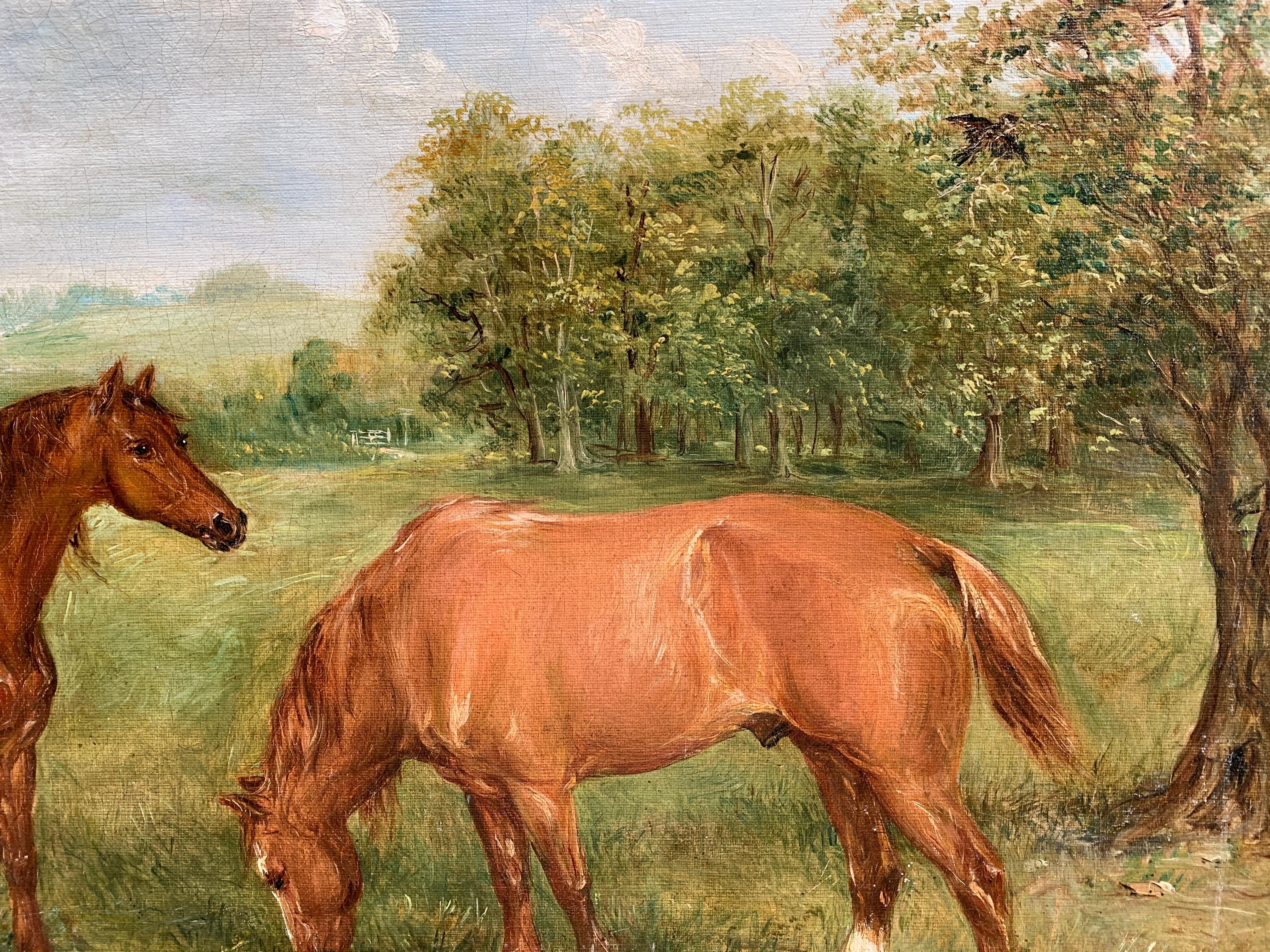 Early 20th century portrait of  shire or Clydesdale horses in a landscape. - Brown Animal Painting by Edwin Frederick Holt