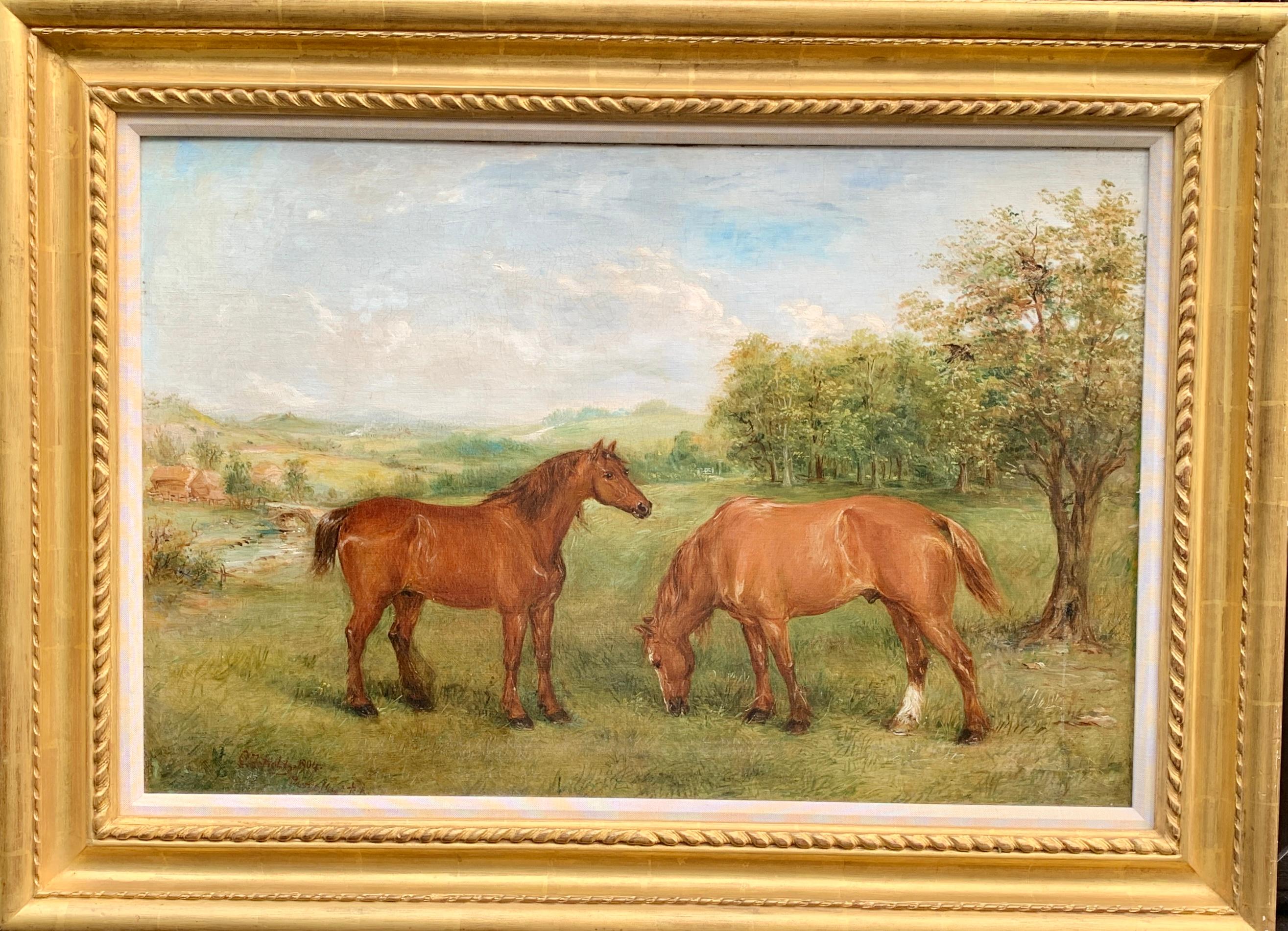Early 20th century portrait of  shire or Clydesdale horses in a landscape.