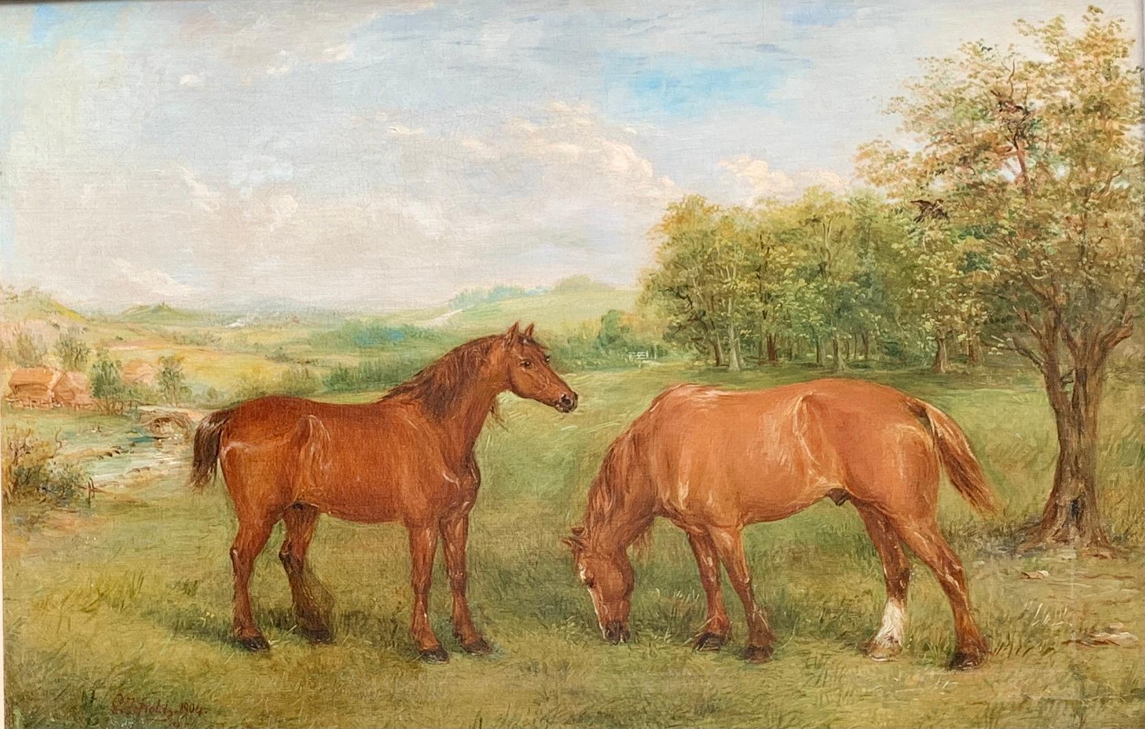 Early 20th century portrait of  shire or Clydesdale horses in a landscape. - Painting by Edwin Frederick Holt