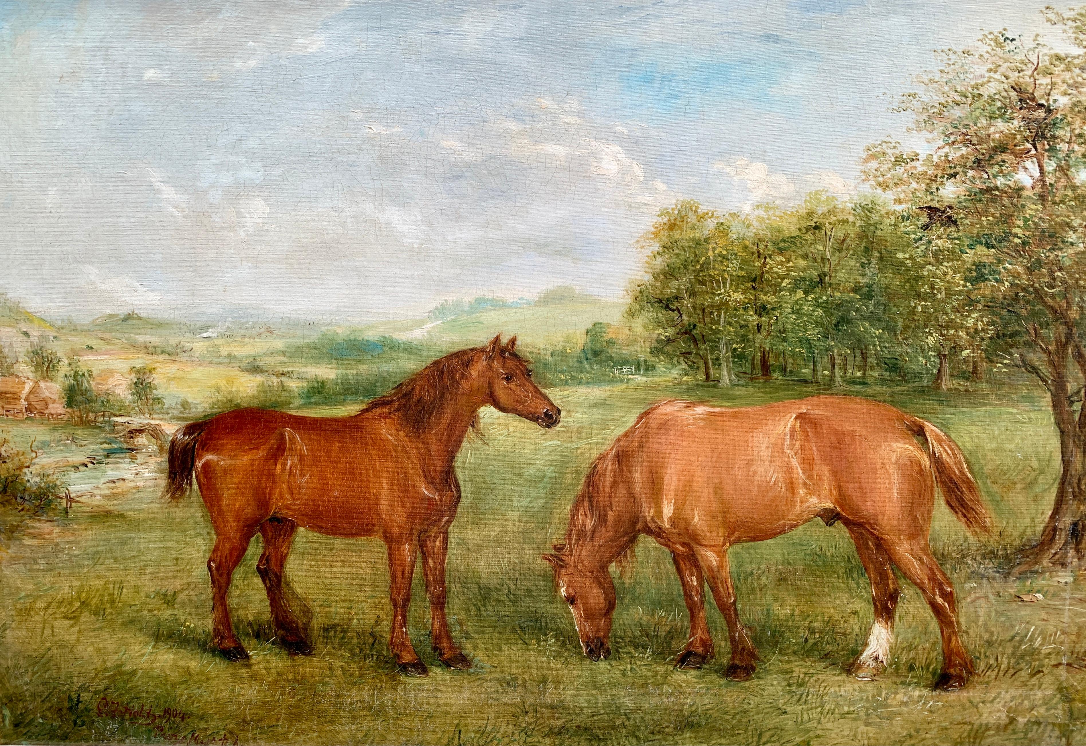Early 20th century portrait of  shire or Clydesdale horses in a landscape. - Victorian Painting by Edwin Frederick Holt
