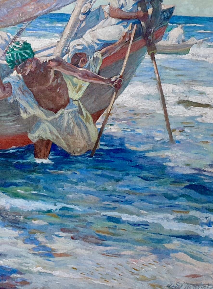 French North African early 20th century Impressionist, Fishermen coming ashore - Painting by Andre Louis Maxim Humbert