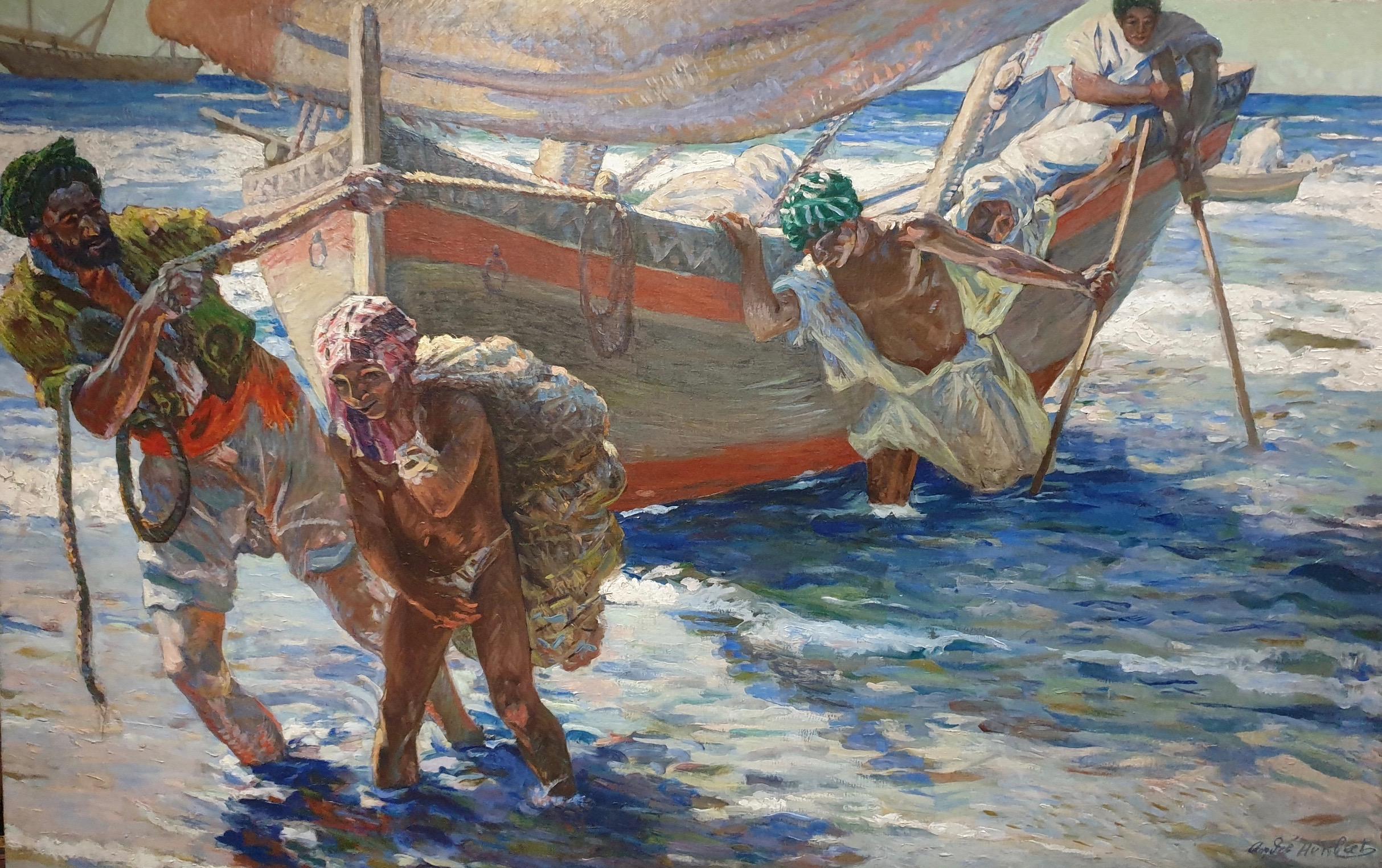 Französischer nordafrikanischer Impressionist des frühen 20. Jahrhunderts, Fischer, die an Land kamen (Grau), Portrait Painting, von Andre Louis Maxim Humbert