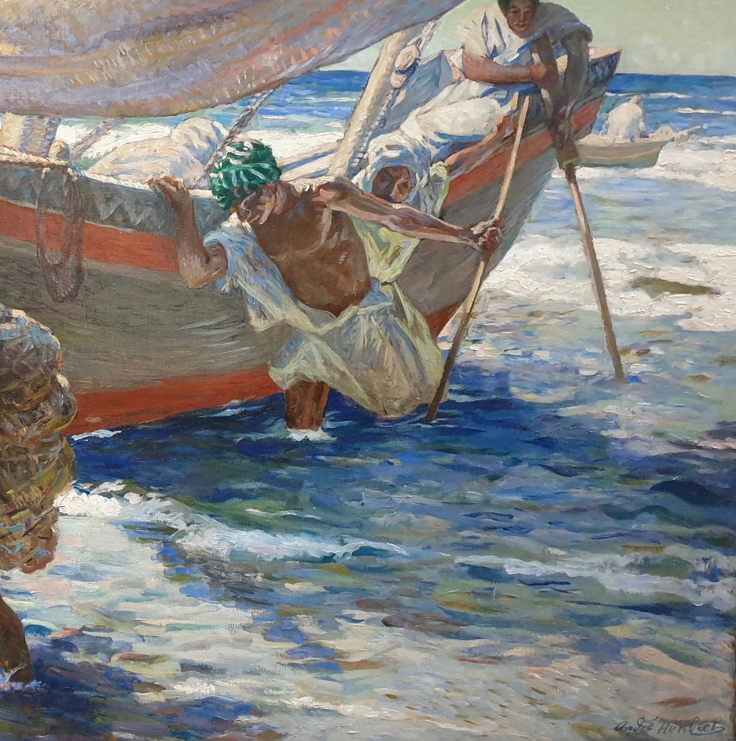 French North African early 20th century Impressionist, Fishermen coming ashore - Gray Portrait Painting by Andre Louis Maxim Humbert