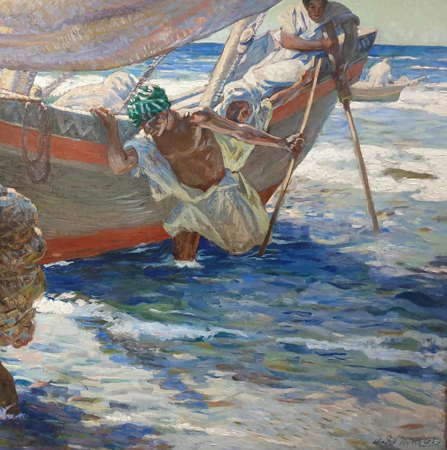 Impressionista francese dell'Africa settentrionale dell'inizio del XX secolo, Pescatori che scendono a terra - Painting Impressionismo di Andre Louis Maxim Humbert