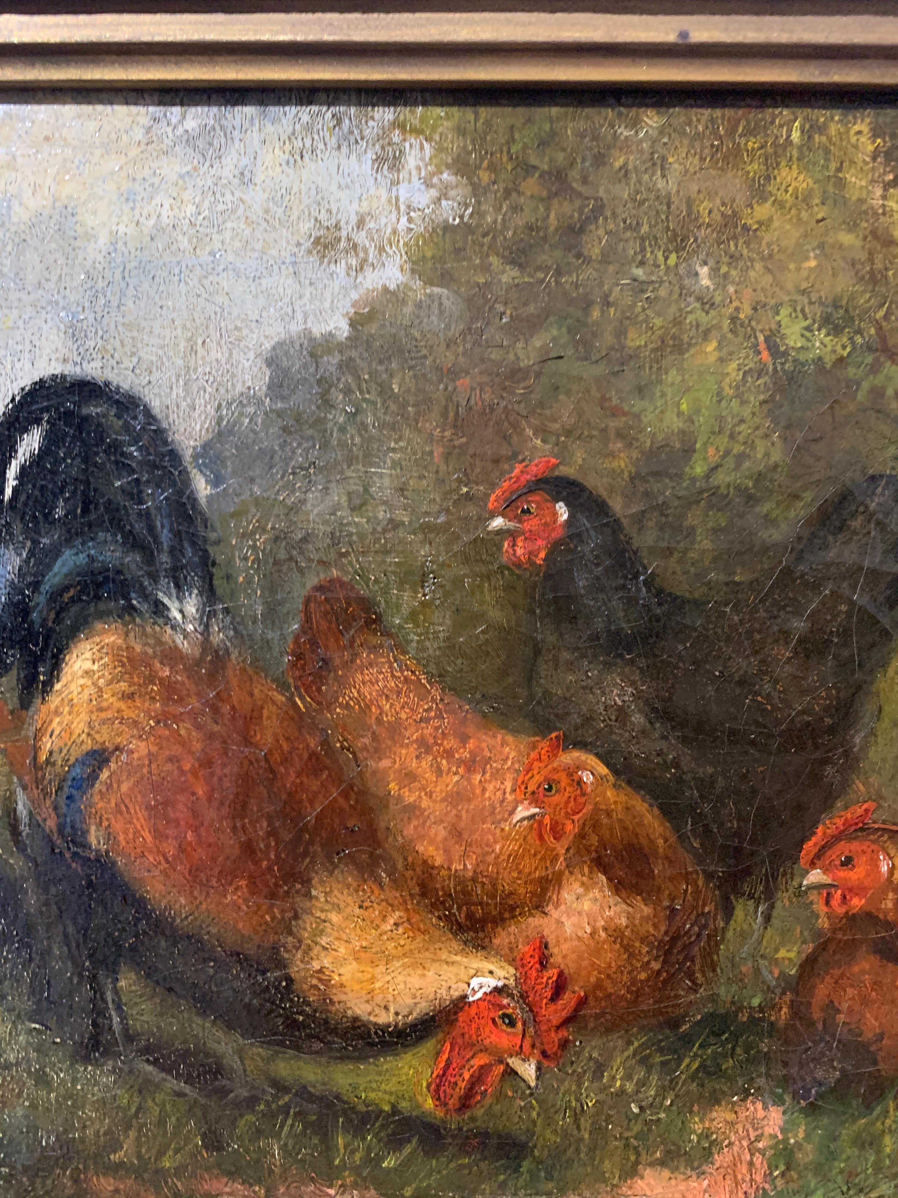 Englisches Volkskunstporträt von Hühnern aus dem 19. Jahrhundert, Landschaft mit Ahornrahmen im Angebot 1