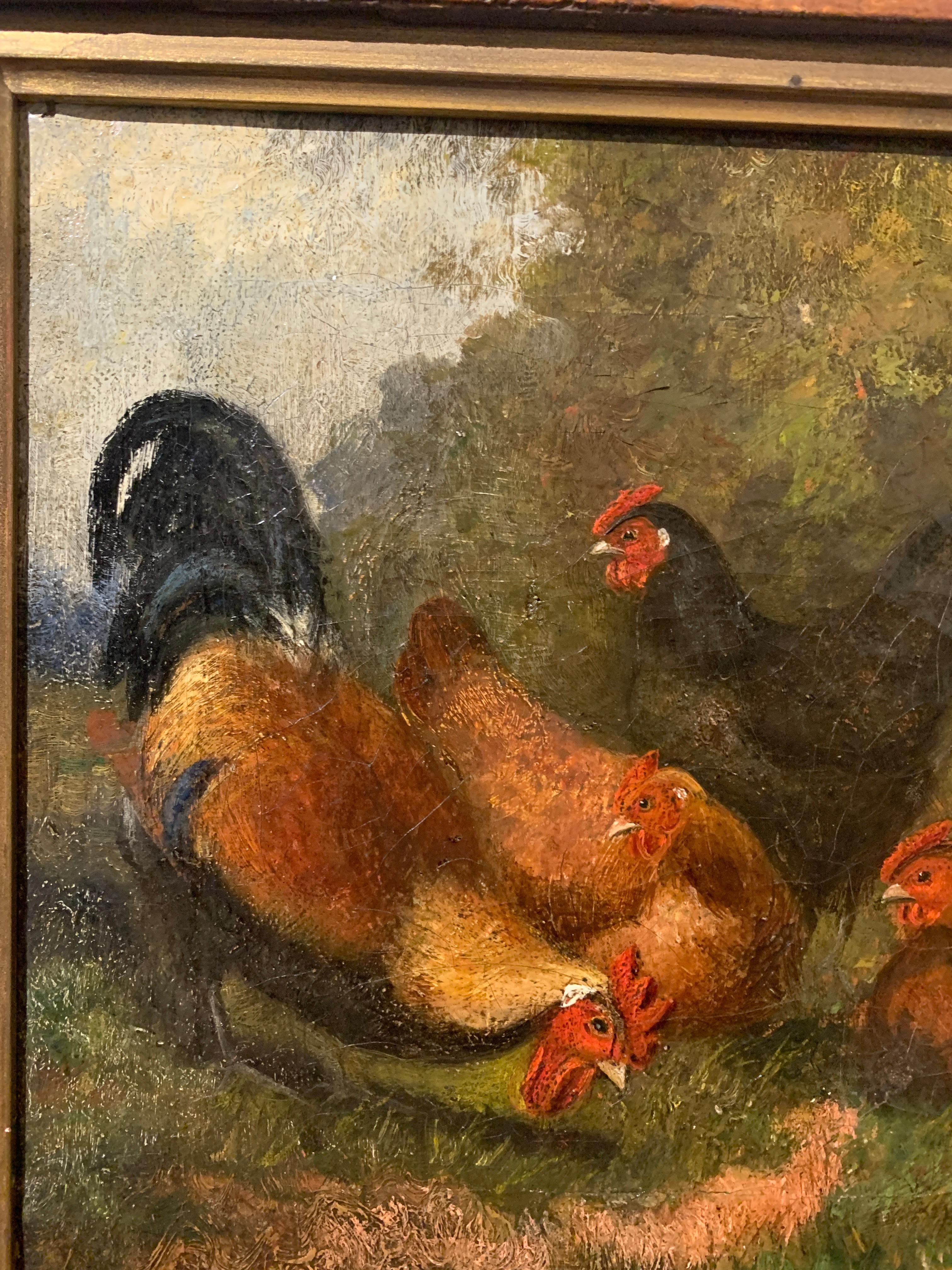 English 19th century Folk art portrait of Chickens, landscape with maple frame - Brown Animal Painting by Unknown