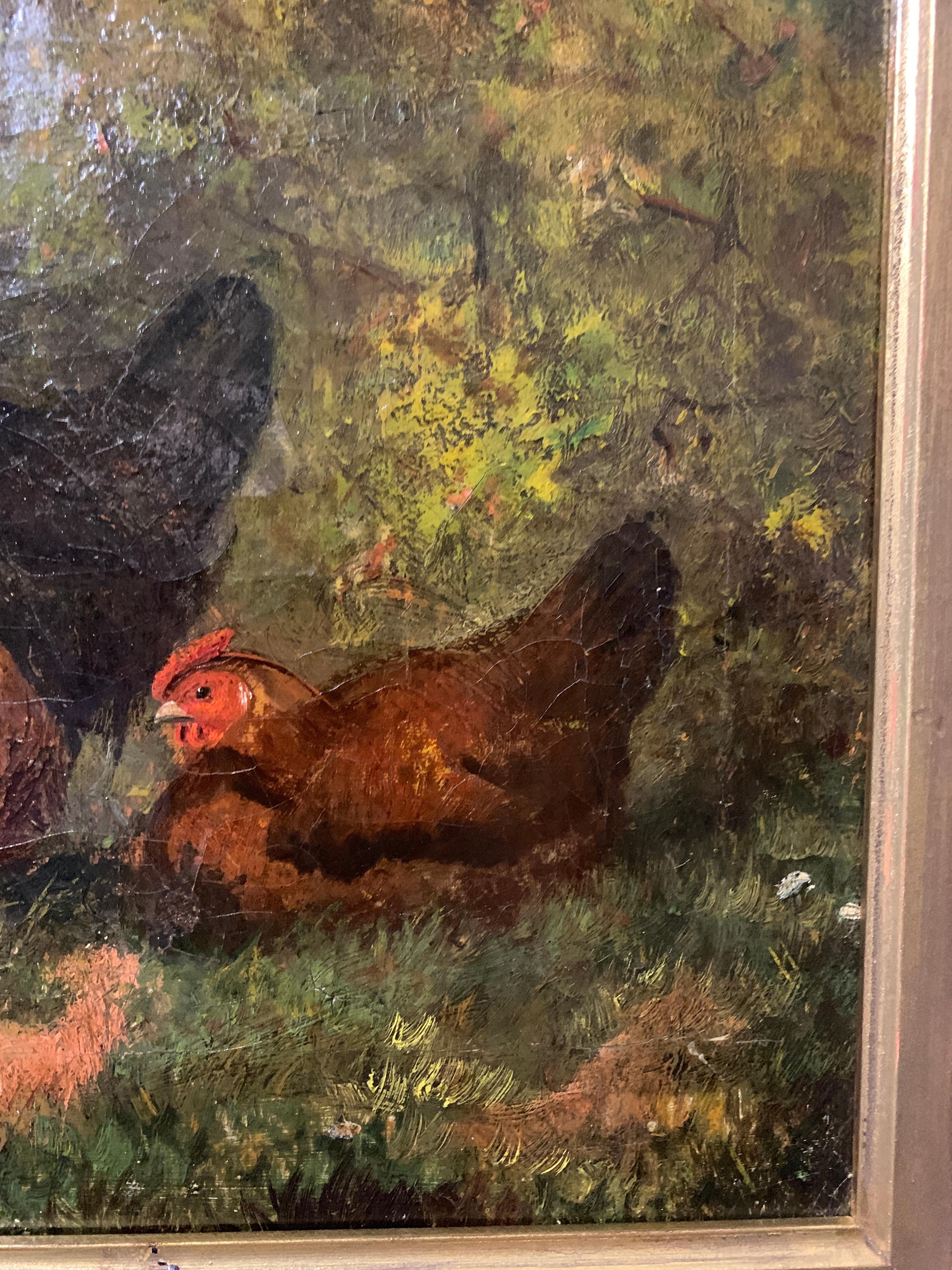 Portrait d'art populaire anglais du XIXe siècle représentant des poulets, paysage avec cadre en érable - Marron Animal Painting par Unknown