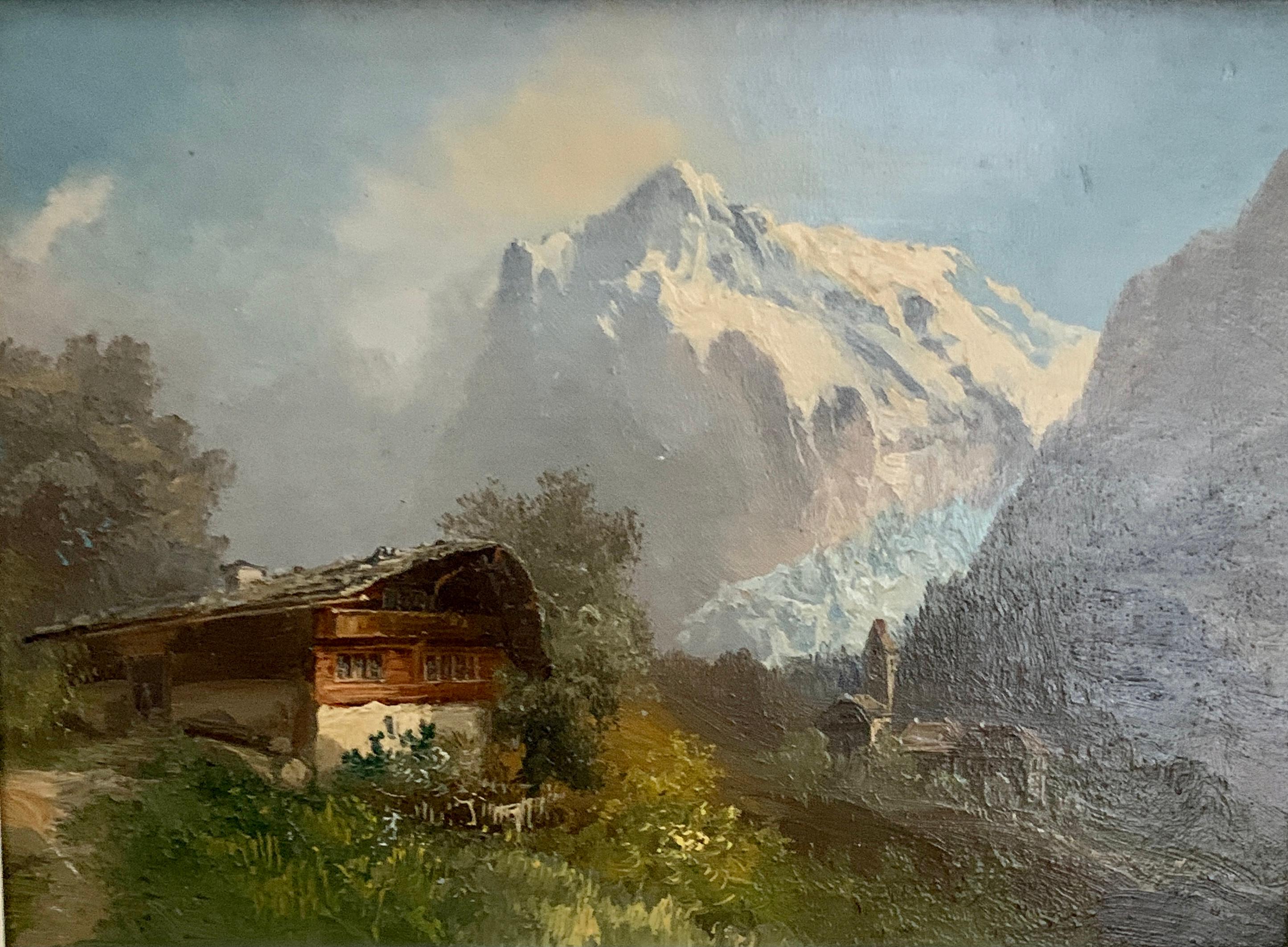 Early 20th century, Swiss Alpine lodge near Grindelwald and the Matterhorn - Painting by M.Schmidt