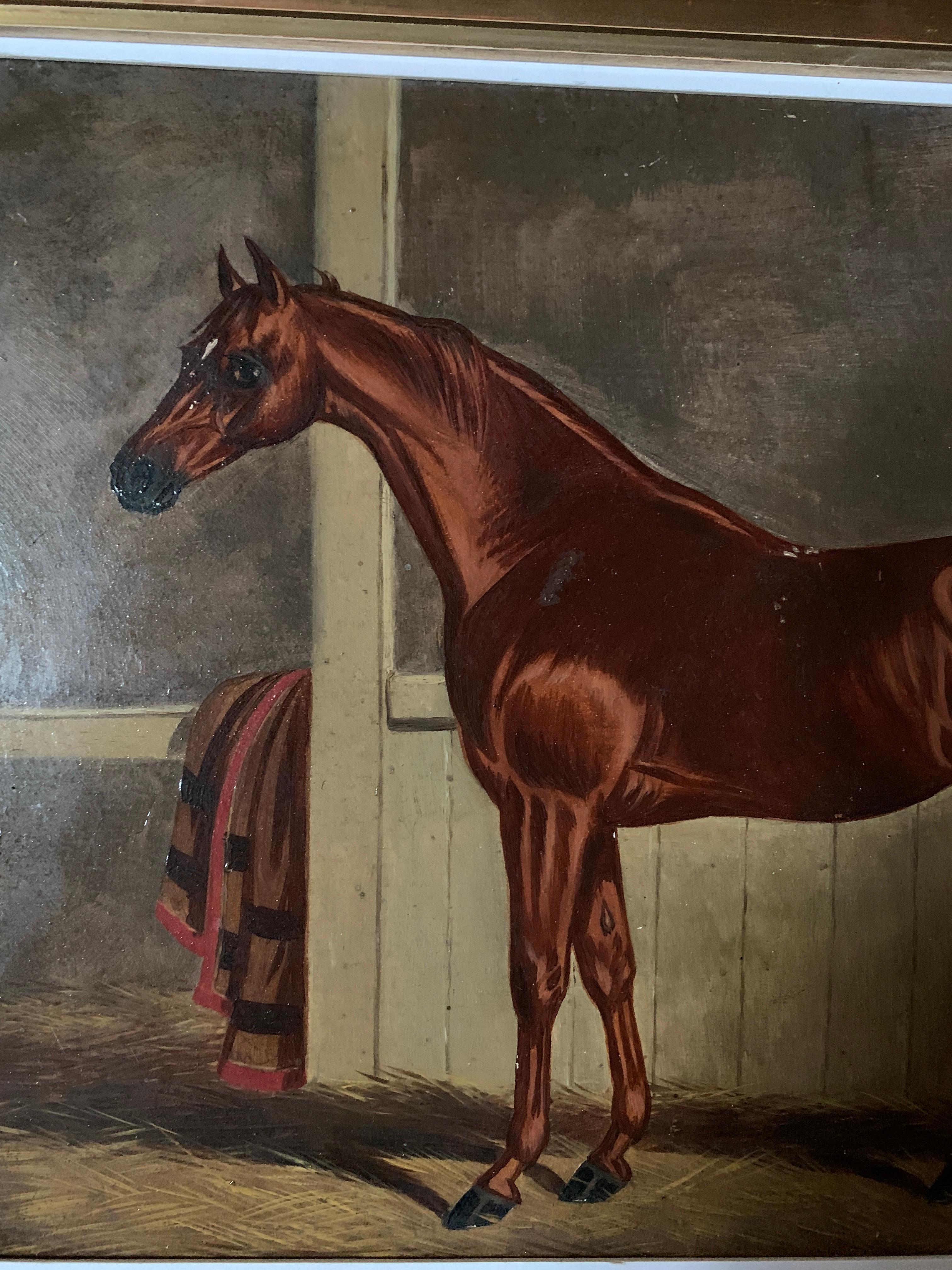 19th century English Antique Portrait of an Chestnut Horse in a stable in oils - Painting by Edwin Loder
