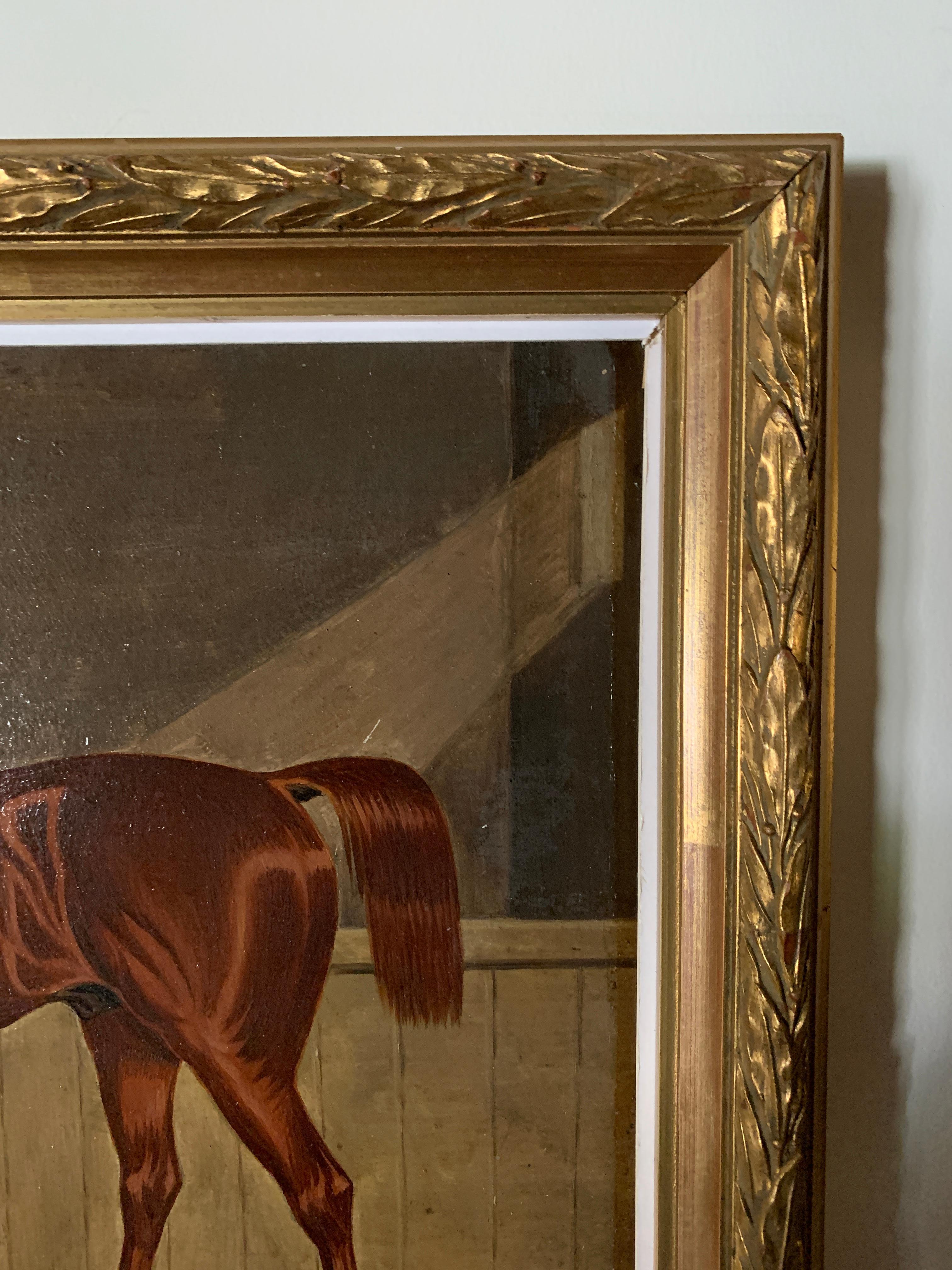 19th century English Antique Portrait of an Chestnut Horse in a stable in oils - Victorian Painting by Edwin Loder