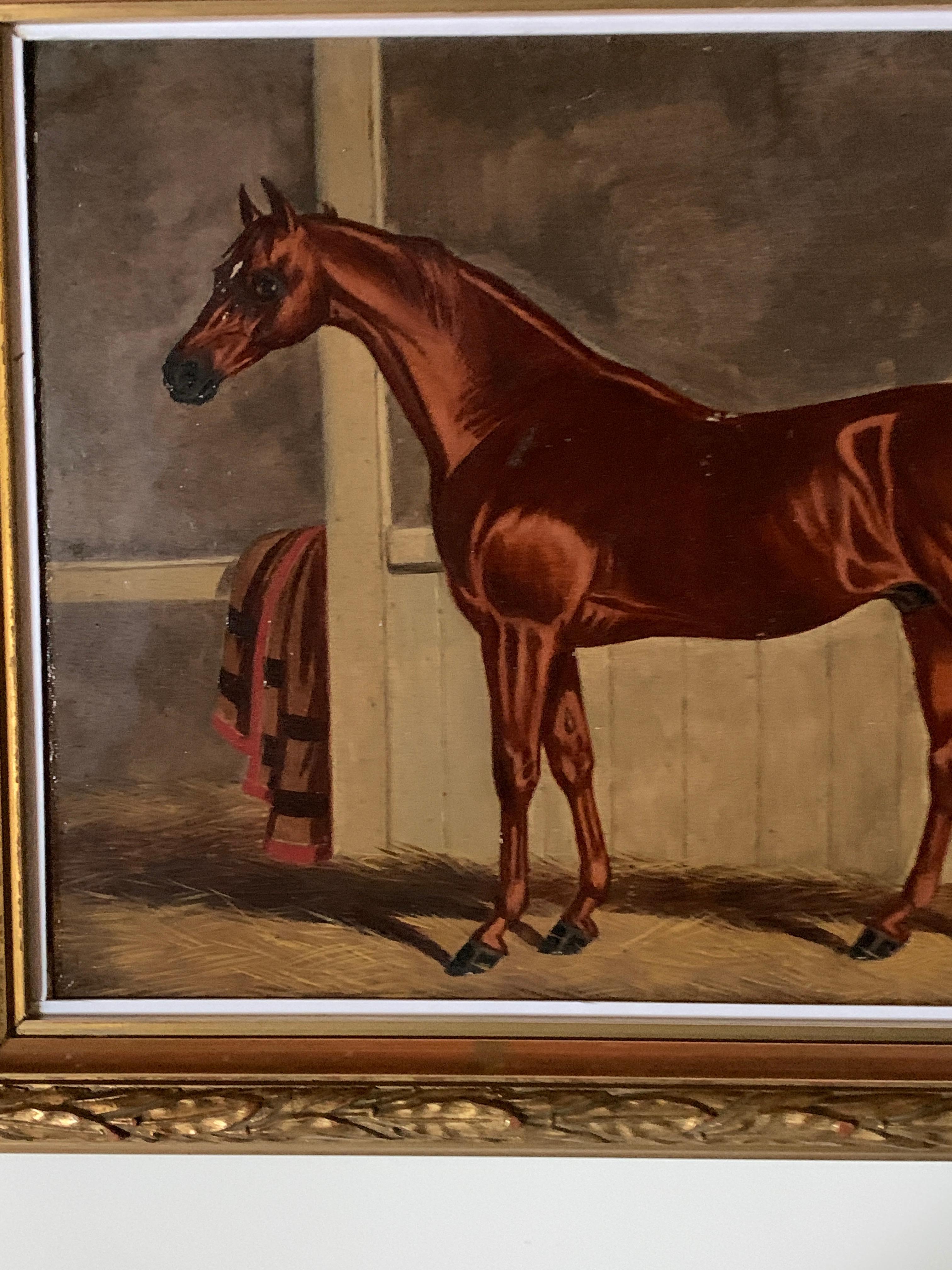 19th century English Antique Portrait of an Chestnut Horse in a stable in oils 1