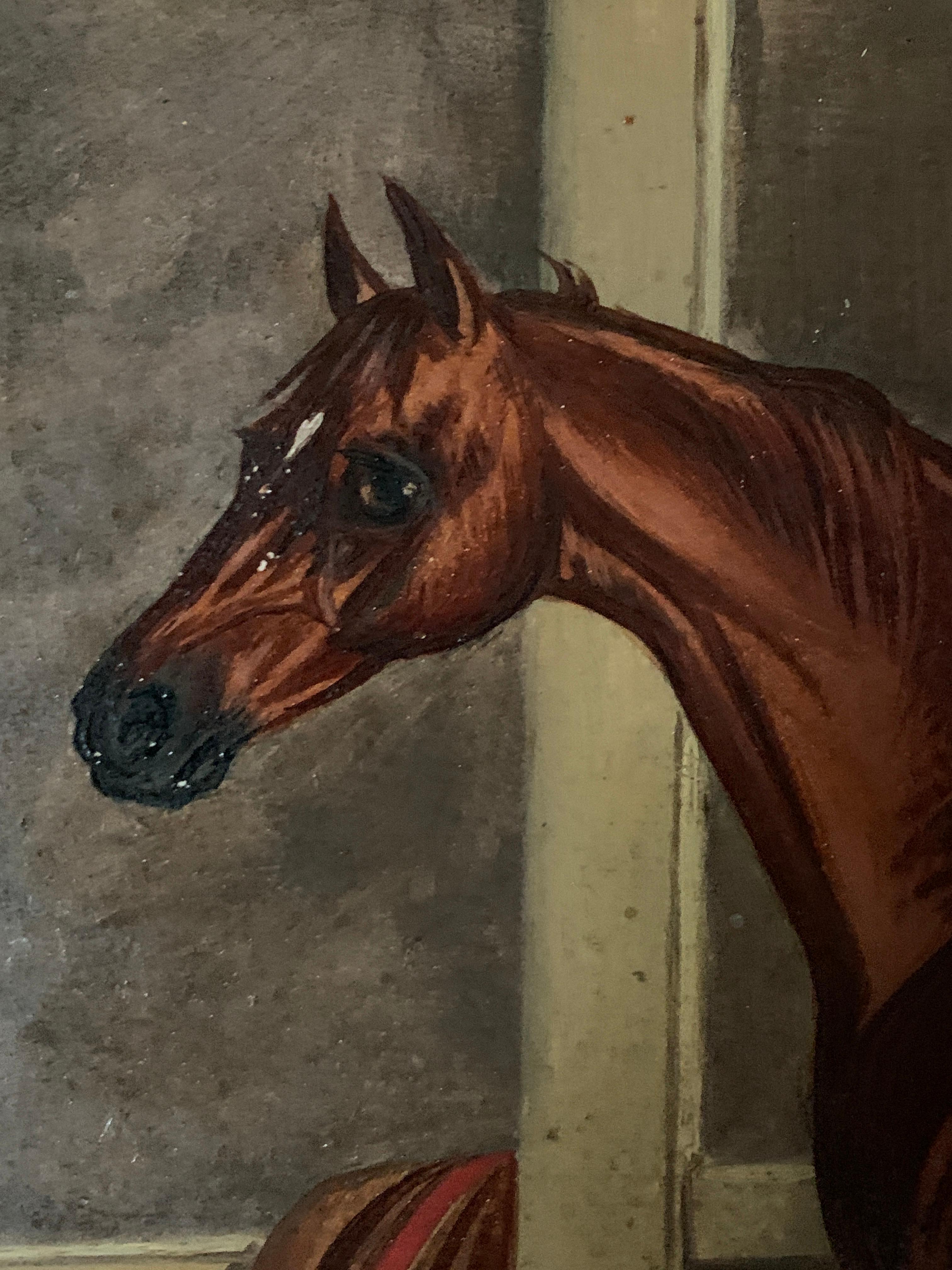 19th century English Antique Portrait of an Chestnut Horse in a stable in oils 2