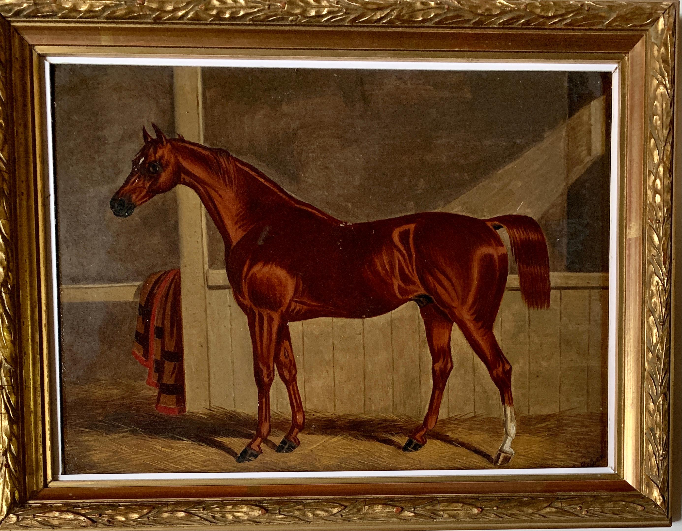 Edwin Loder Animal Painting - 19th century English Antique Portrait of an Chestnut Horse in a stable in oils