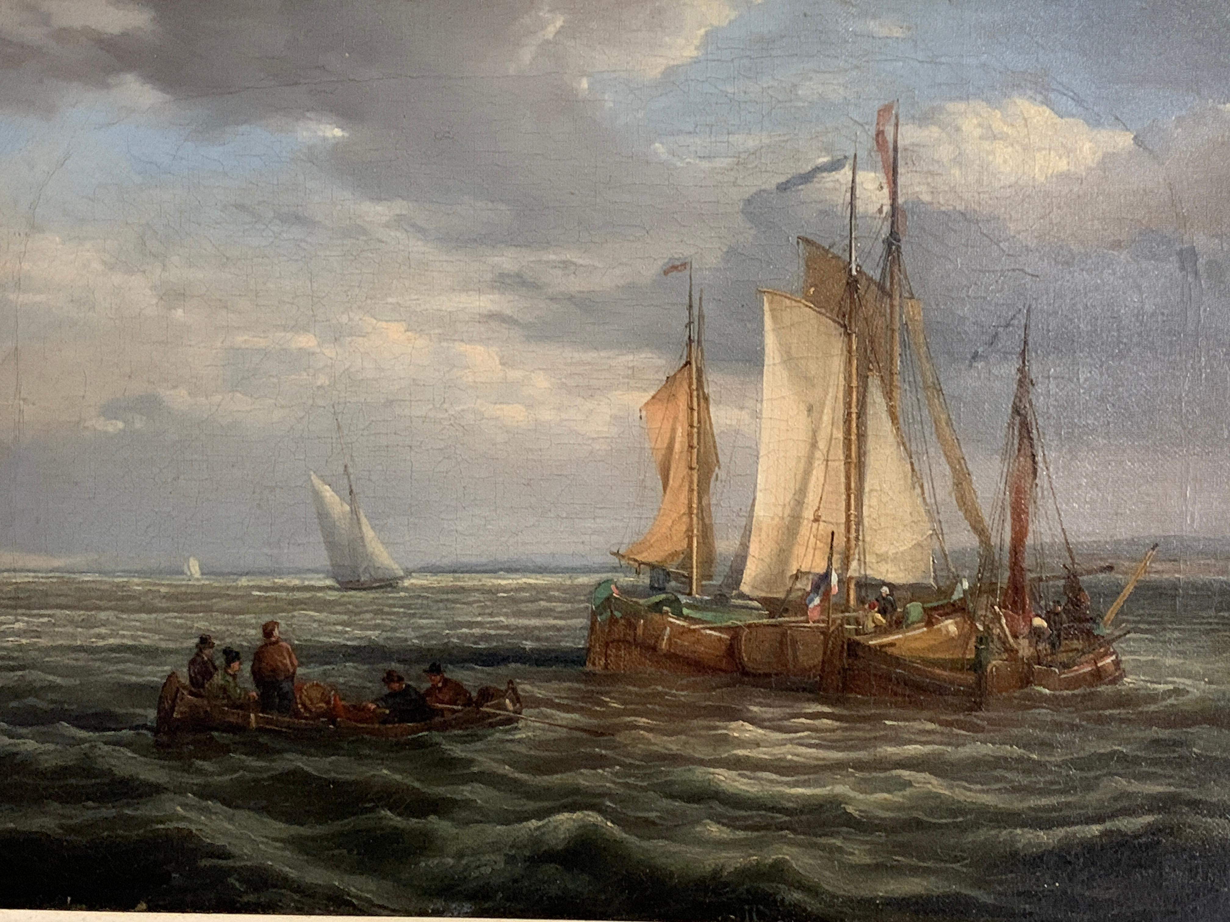 Antike niederländische Schiffe des 19. Jahrhunderts auf See, Fischerboote, Männer beim Schleifen. (Viktorianisch), Painting, von Dutch 19th century School