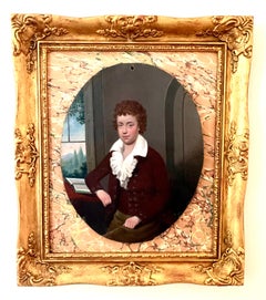 19th century Antique European portrait, young boy seated with book by landscape