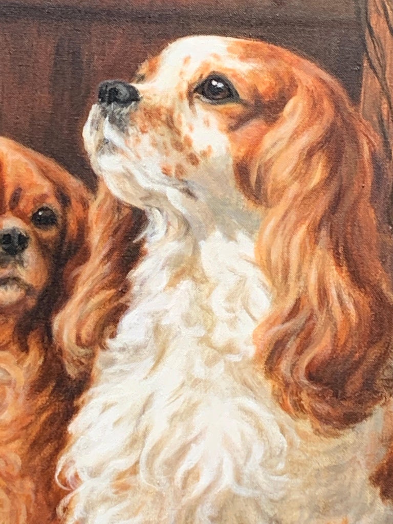 20th century English oil Portrait of three King Charles Cavalier Spaniels by a flower pot. 

Gillian Hoare was a sporting painter who was active during the 1989’s in the UK. She painted mostly racing horses, portraits of animals, and some people.