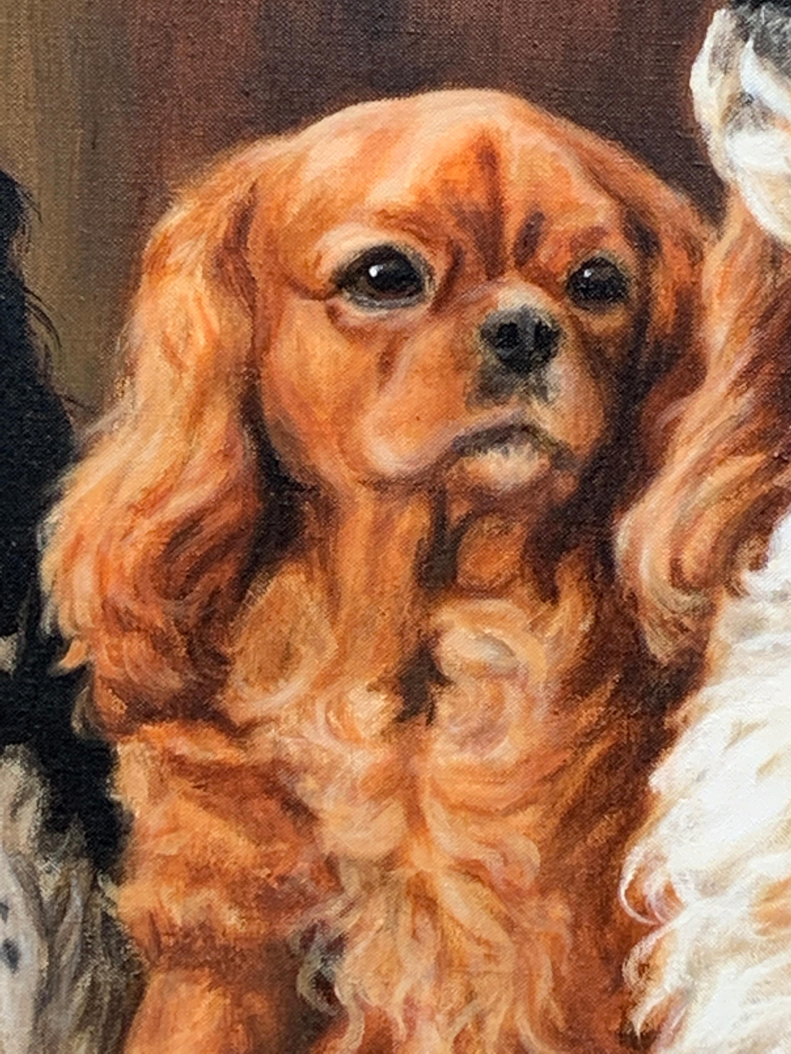 20th century English oil Portrait of three King Charles Cavalier Spaniels. - Realist Painting by Gillian E Hoare