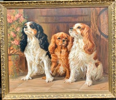 20th century English oil Portrait of three King Charles Cavalier Spaniels.