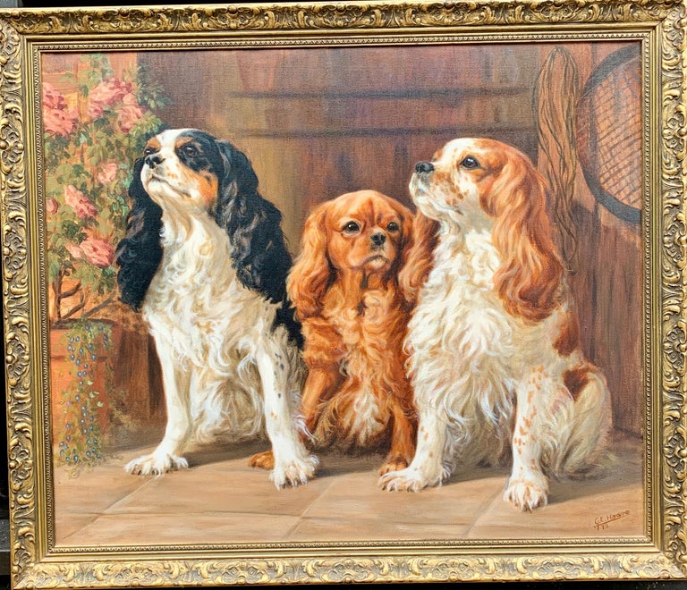Gillian E Hoare Animal Painting - 20th century English oil Portrait of three King Charles Cavalier Spaniels.