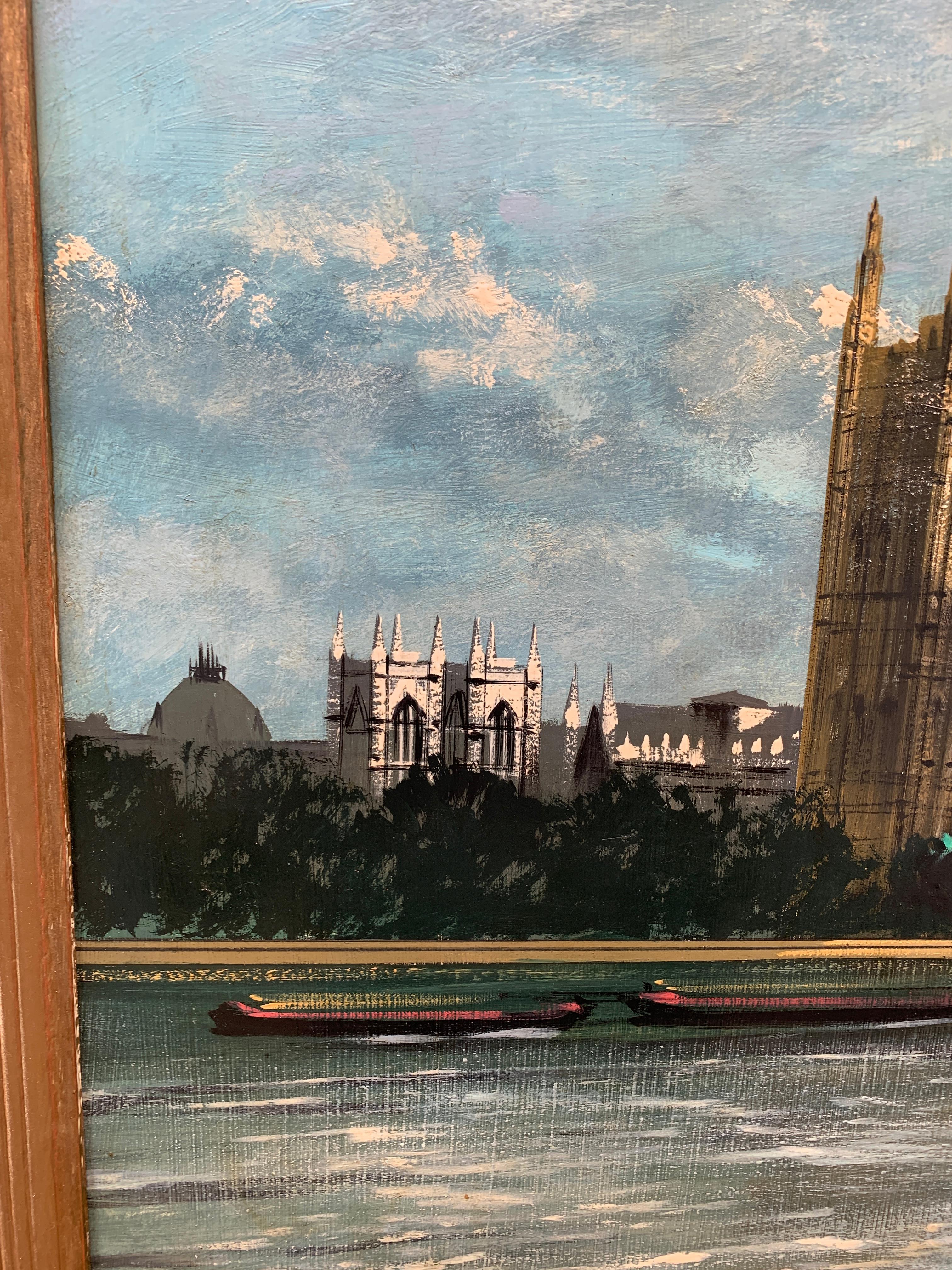 Late 20th century view of the the River Thames, at Westminster, with Big Ben - Modern Painting by Unknown