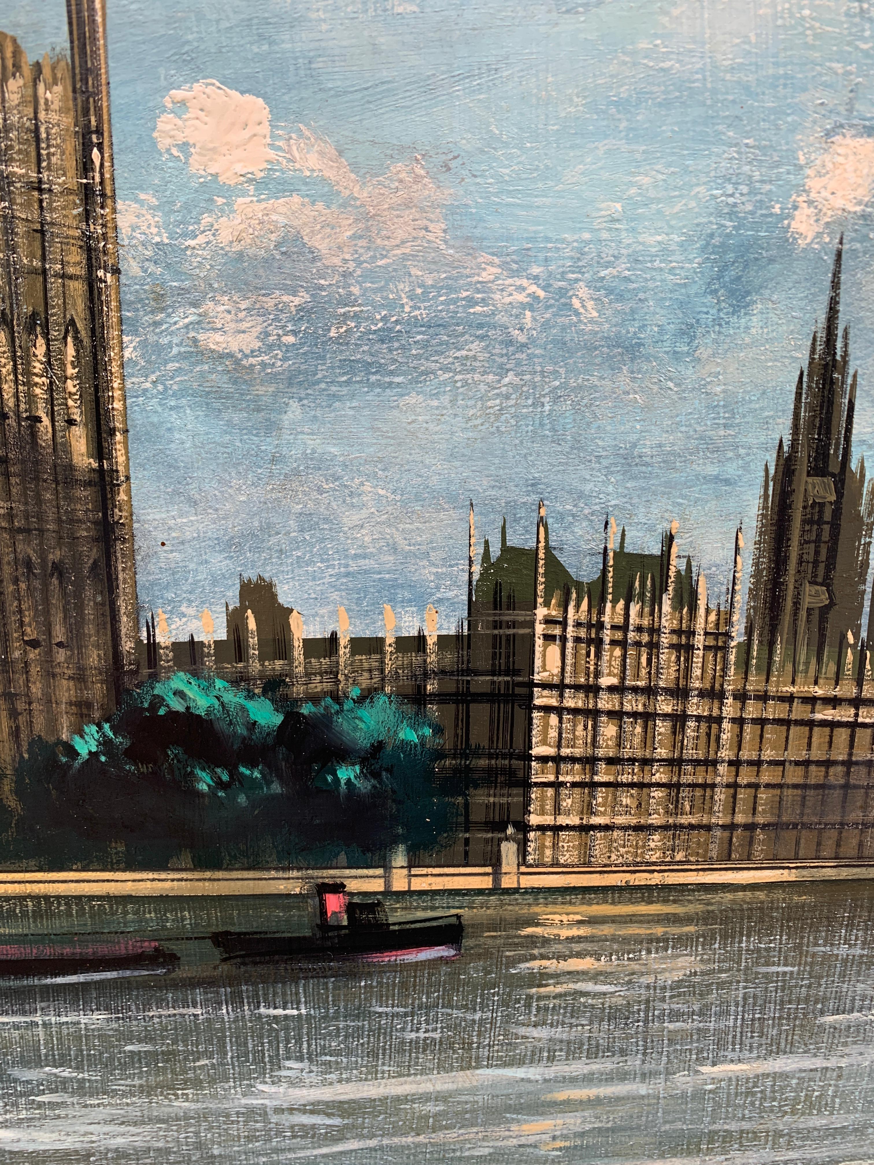 Interesting and well-painted view of the Thames in London with the Palace of Westminster, Ben Ben, and Westminster Bridge.

This piece is framed in its original frame and is ready to hang.