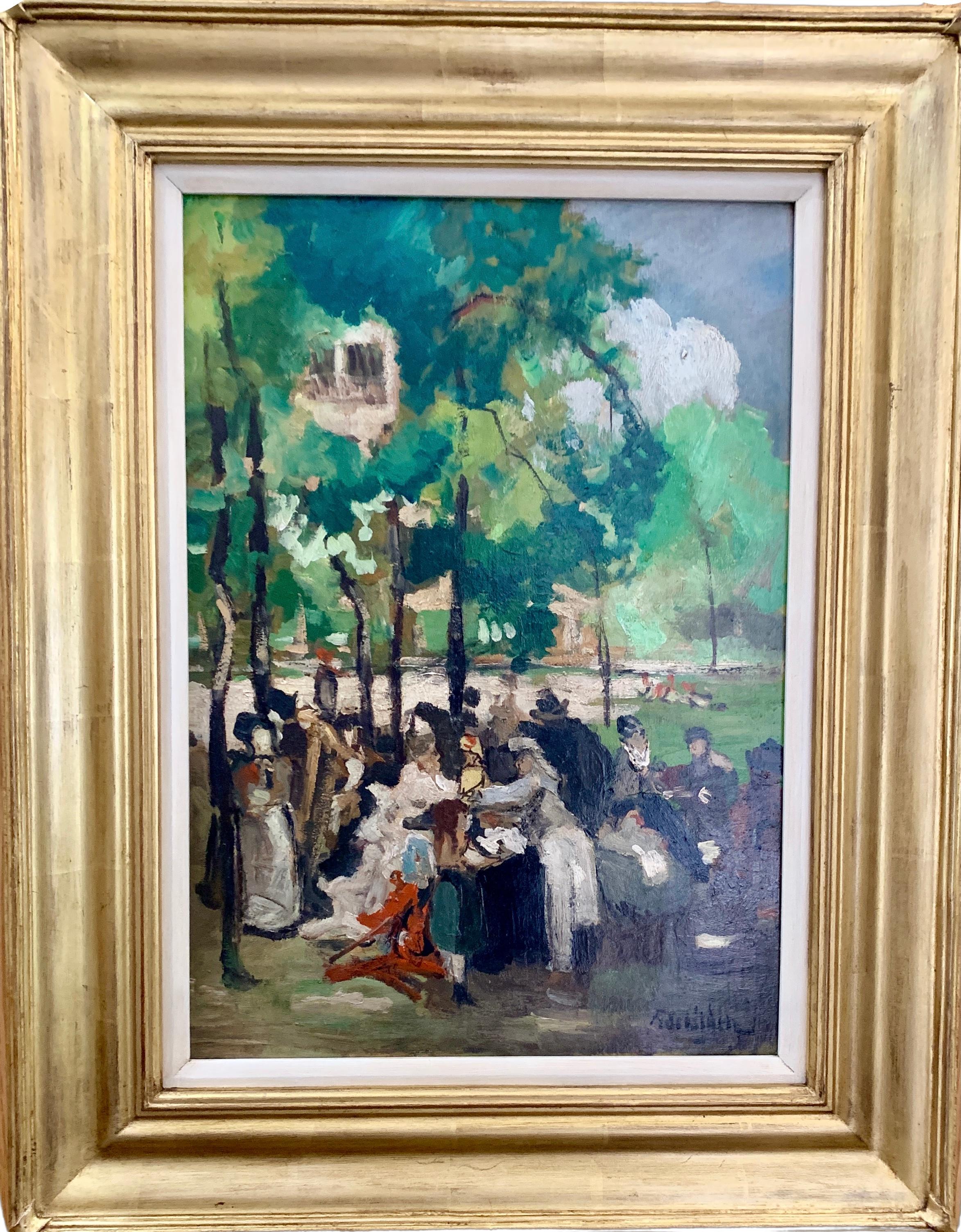 19thC German Impressionist, At the Chinese tower in the English garden in Munich - Painting by Fritz Schider
