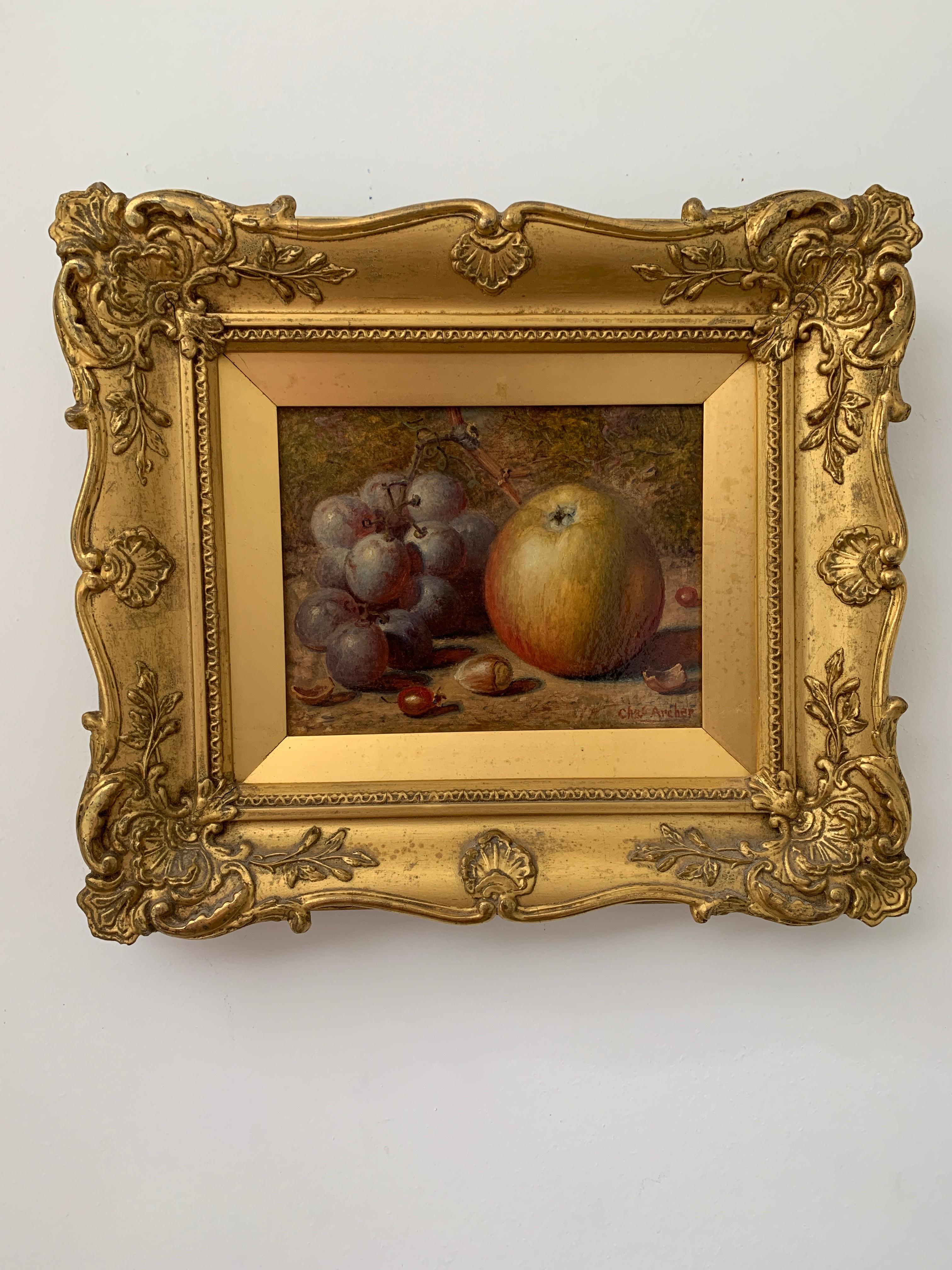 Victorian late 19th century English still life of Grapes, apple, hazelnut etc - Painting by Charles Archer