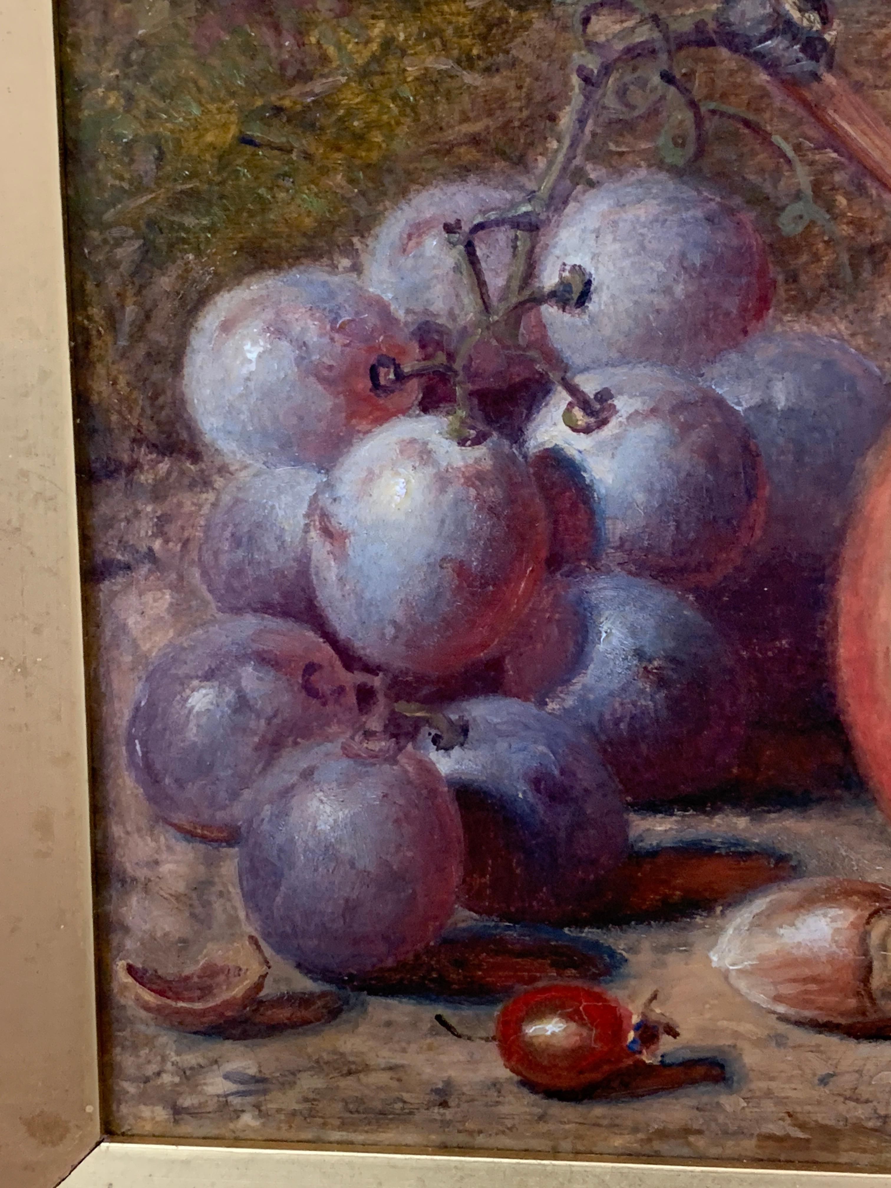 Victorian late 19th century English still life of Grapes, apple, hazelnut etc - Brown Figurative Painting by Charles Archer