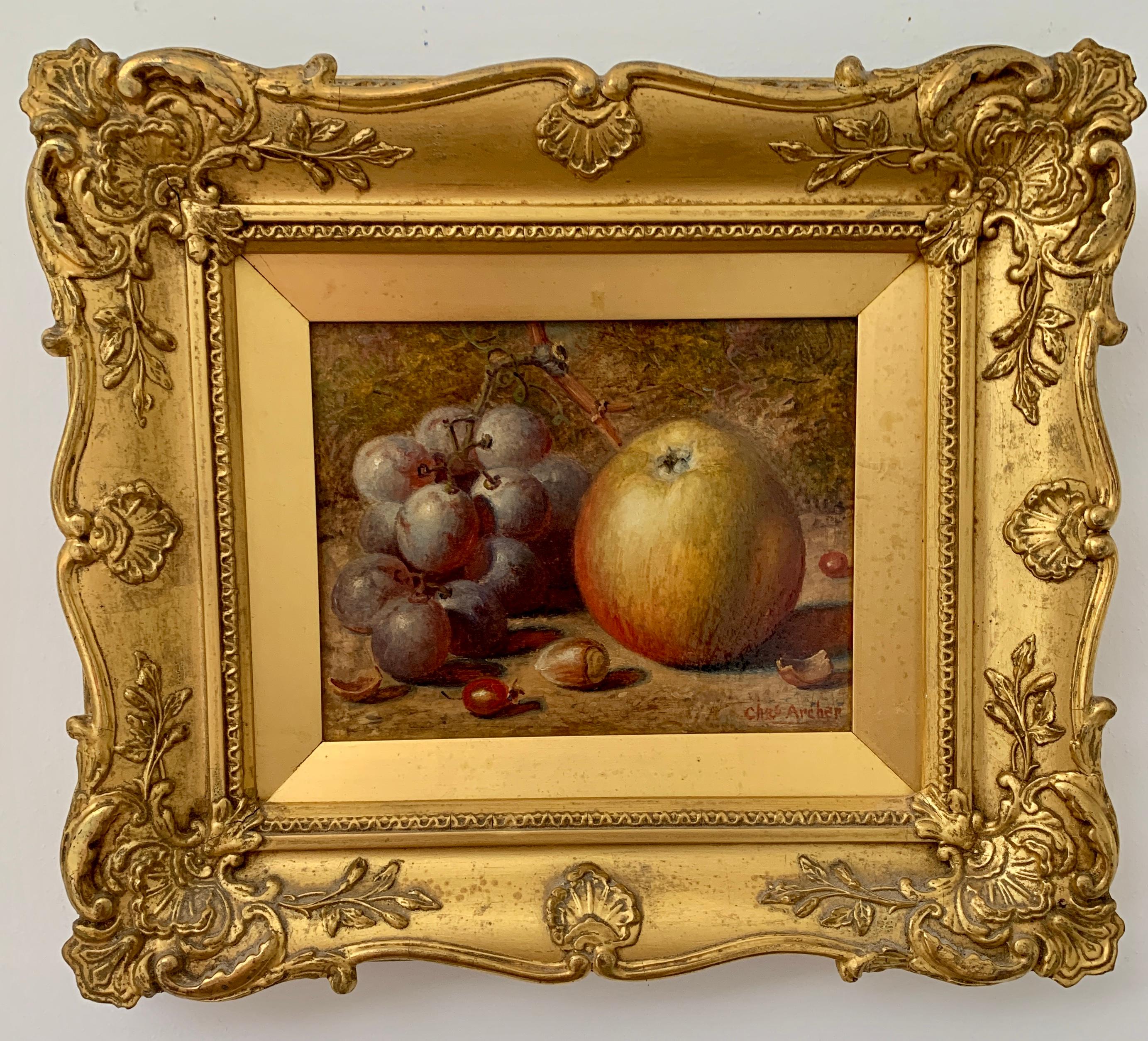Charles Archer Figurative Painting - Victorian late 19th century English still life of Grapes, apple, hazelnut etc