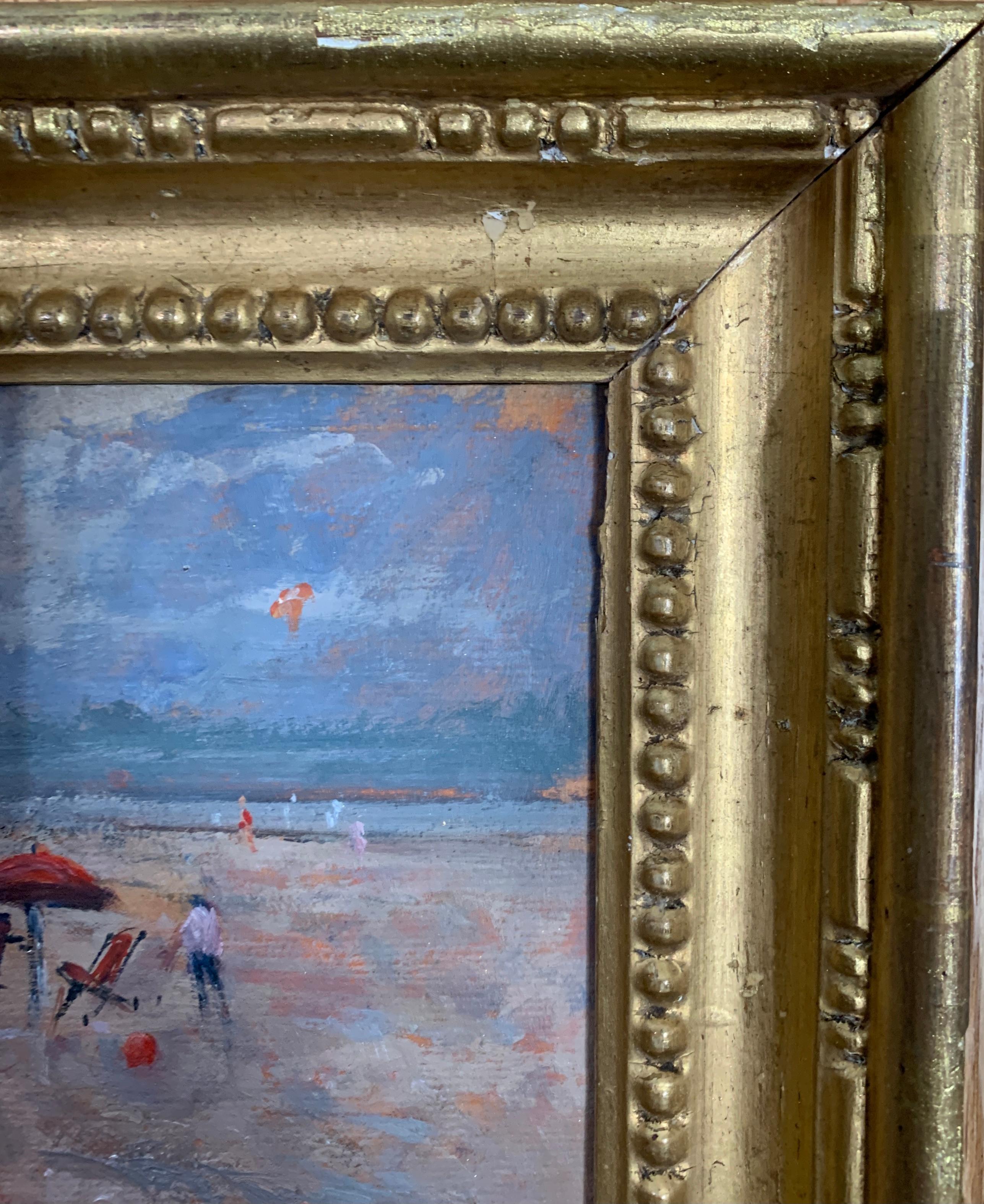 English Impressionist 20th century, Figures on a beach, Great Yarmouth, England - Gray Landscape Painting by Keith Johnson