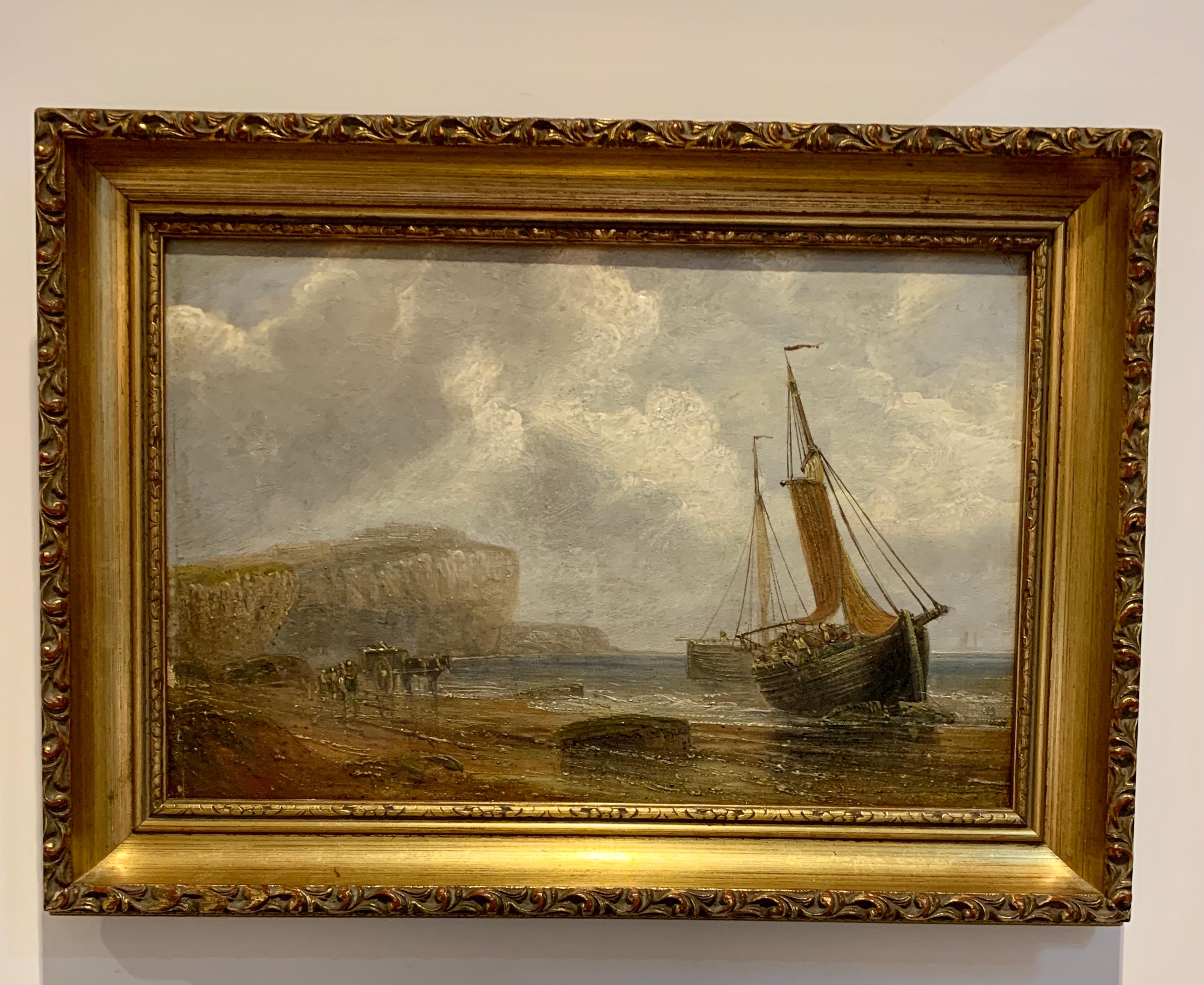 English 19th century Antique beach landscape with fishing boat on the shore - Painting by Unknown