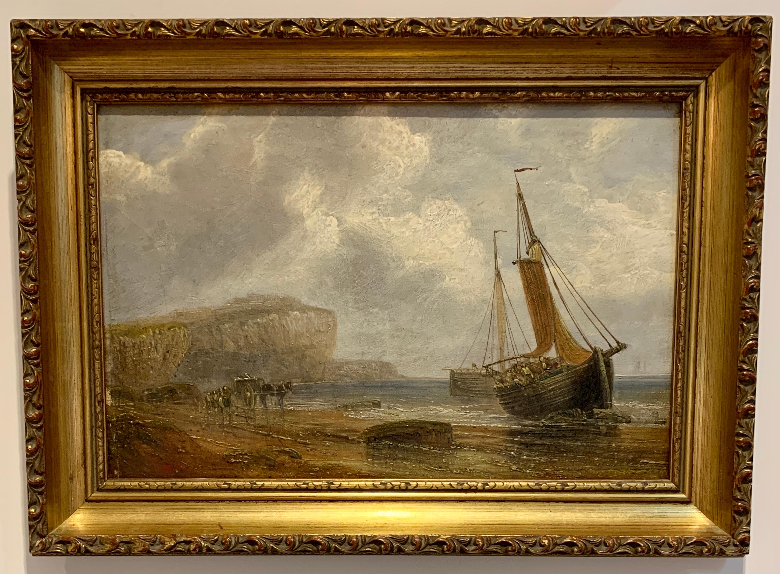 English 19th century Antique beach landscape with fishing boat on the shore