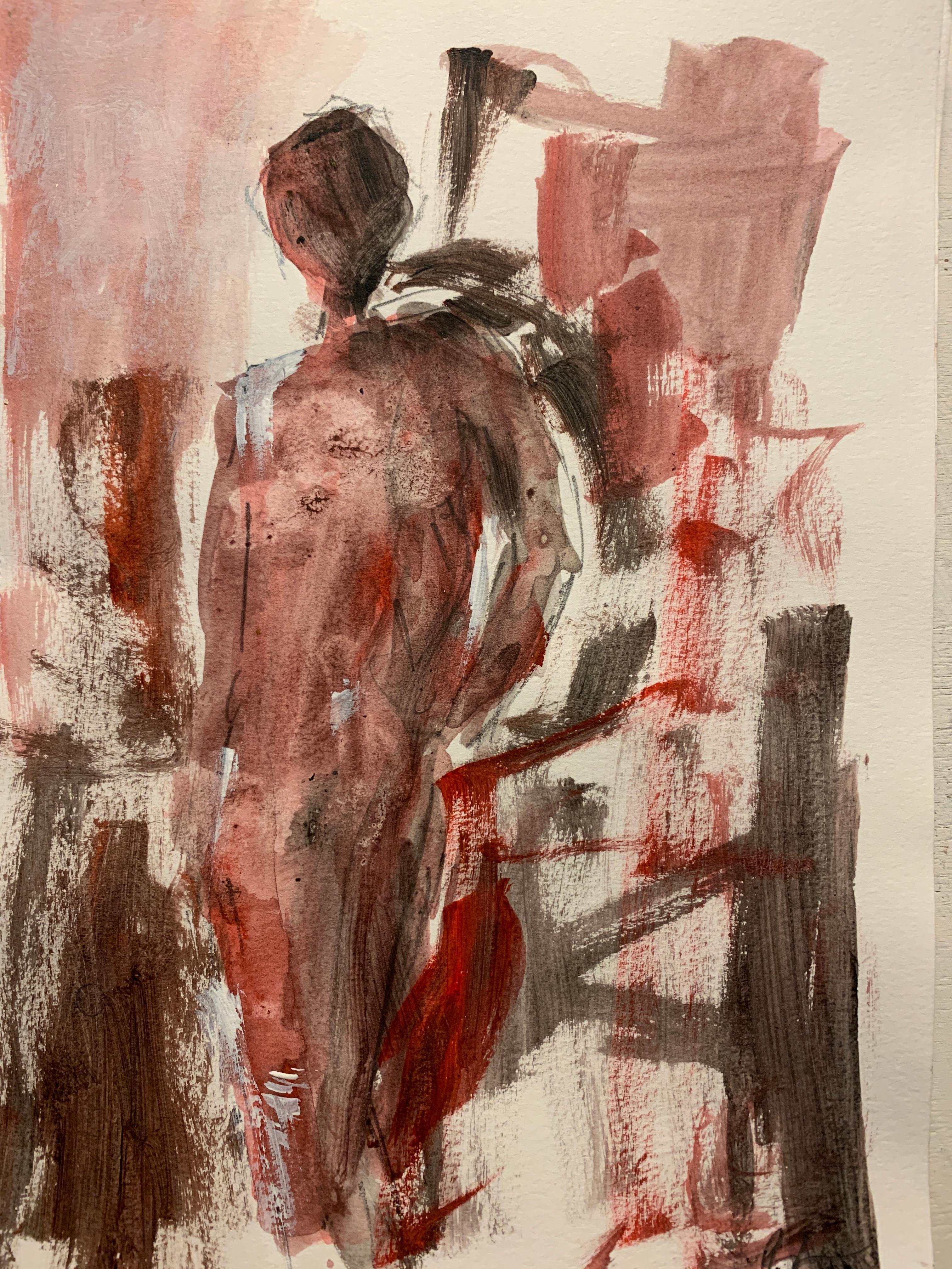Bertha Long Figurative Painting - English abstract 20th century oil sketch of a figure in Red, Black and White