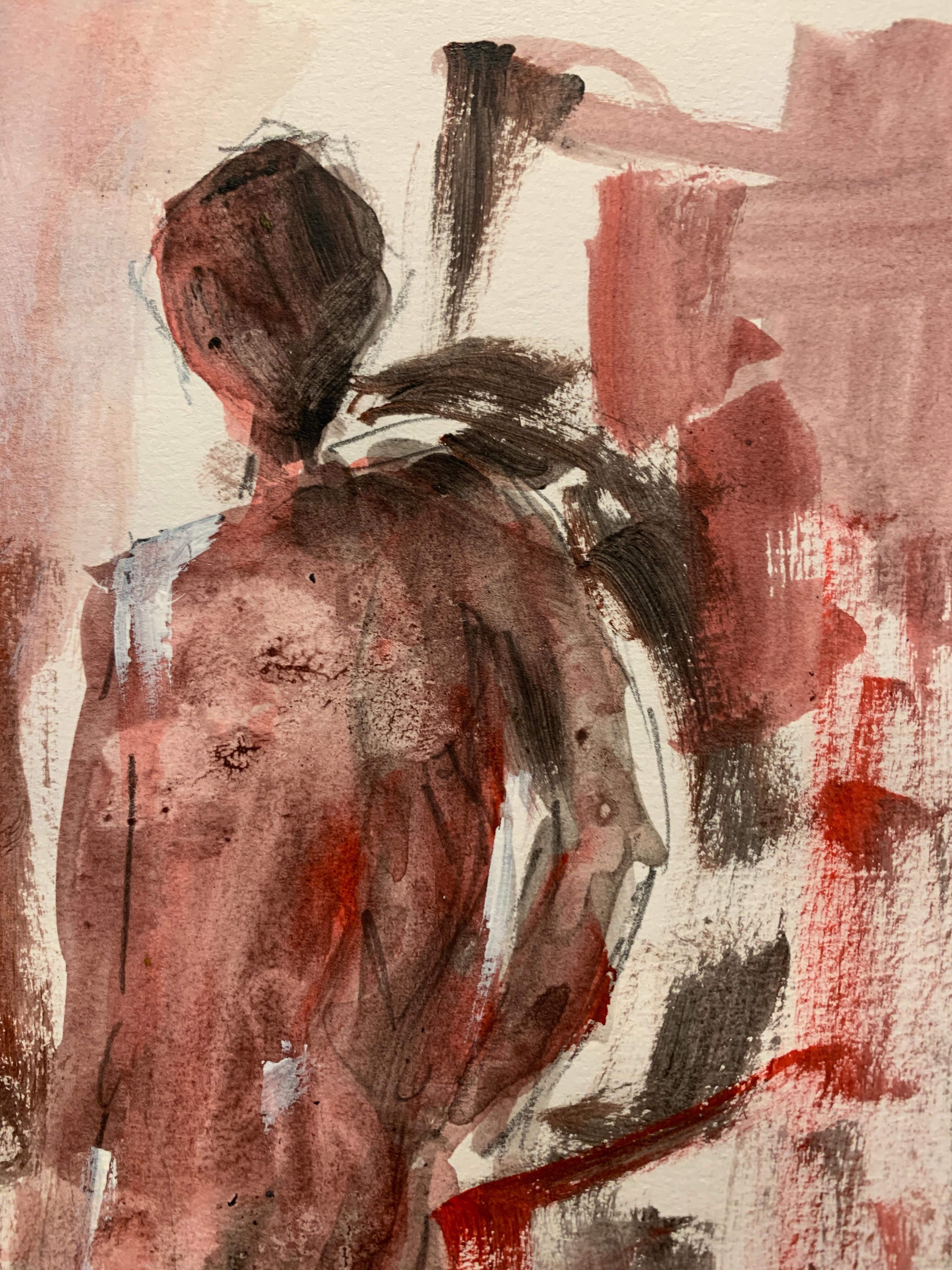 English abstract 20th century oil sketch of a figure in Red, Black and White - Painting by Bertha Long