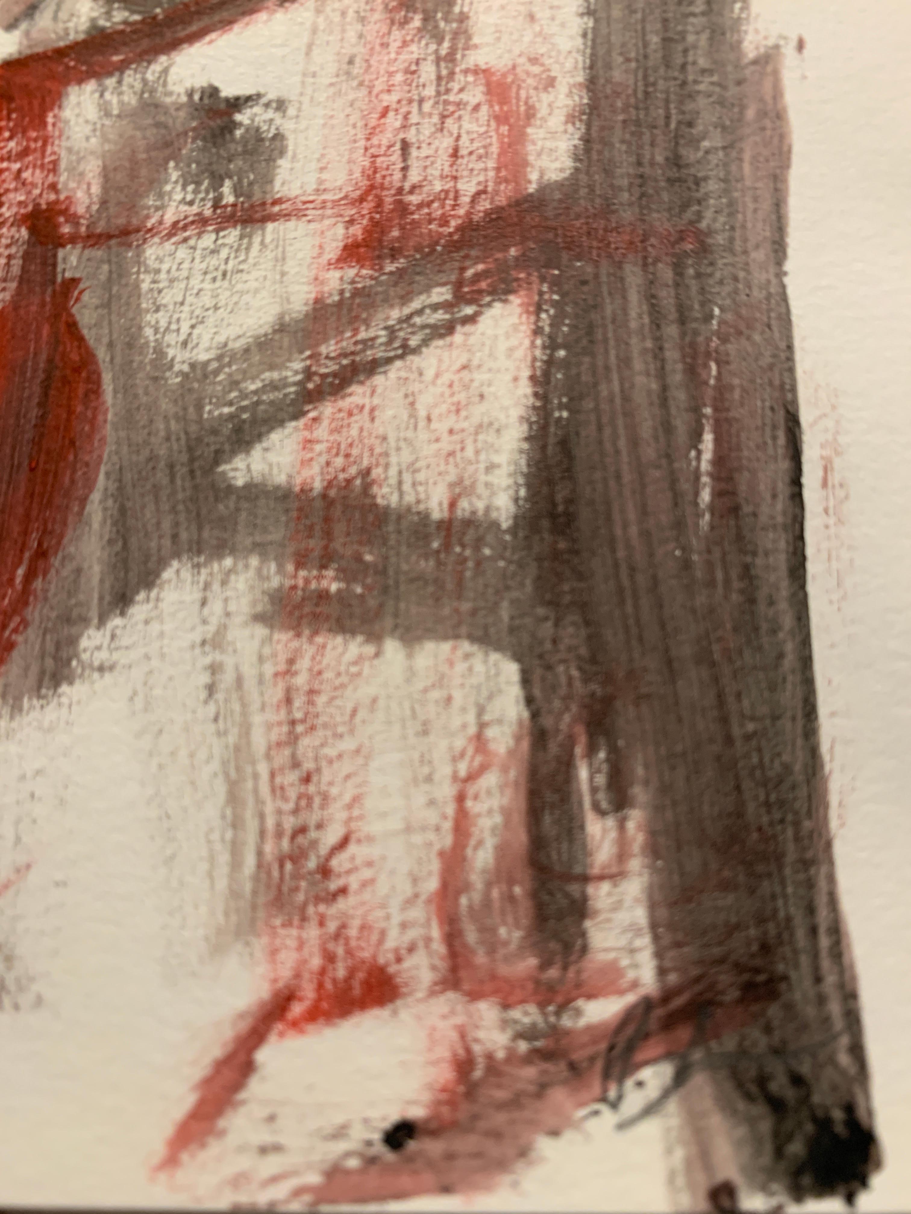 English abstract 20th century oil sketch of a figure in Red, Black and White - Abstract Expressionist Painting by Bertha Long