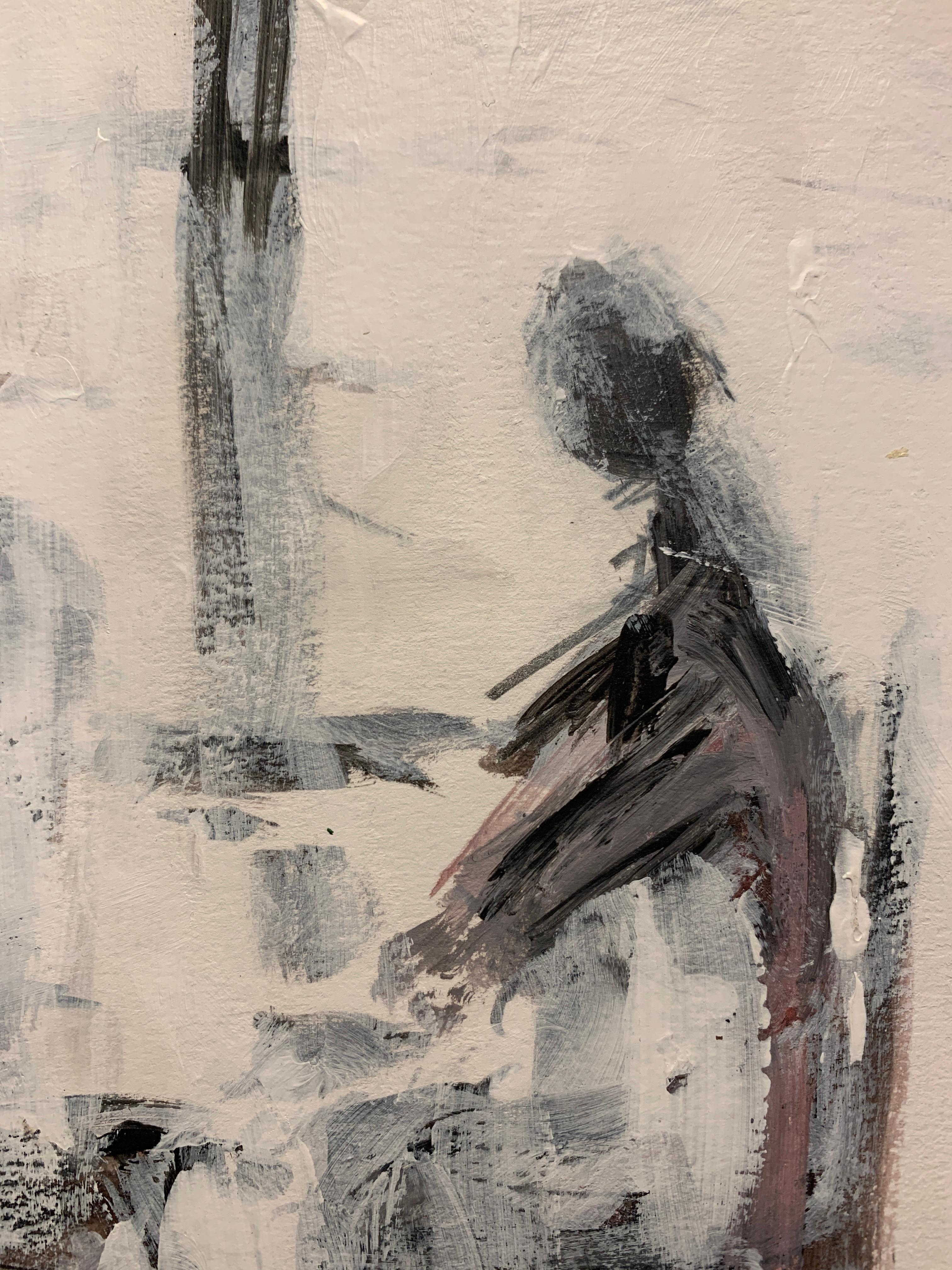 English abstract 20th century oil sketch of a figure in  Black and White - Painting by Bertha Long