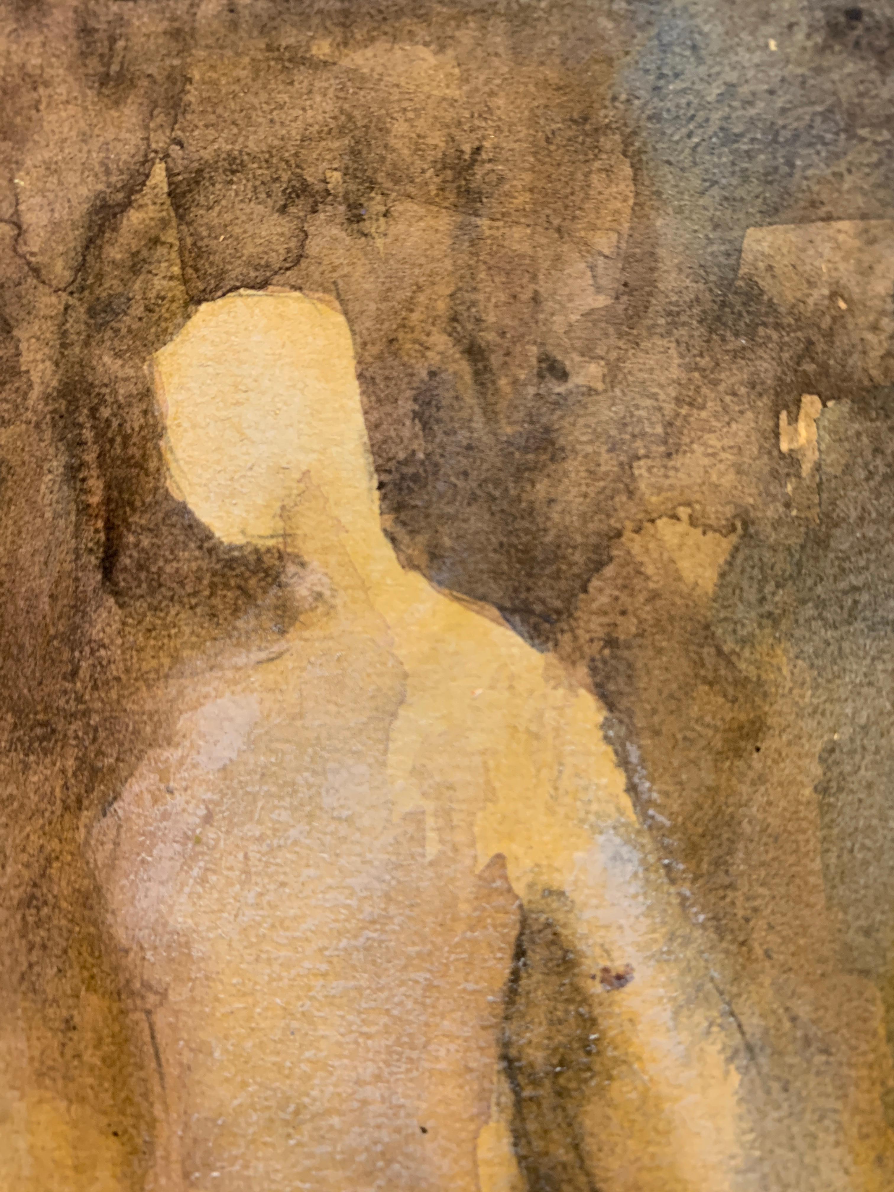 English abstract 20th century oil sketch of a figure in brown and ochre - Painting by Bertha Long