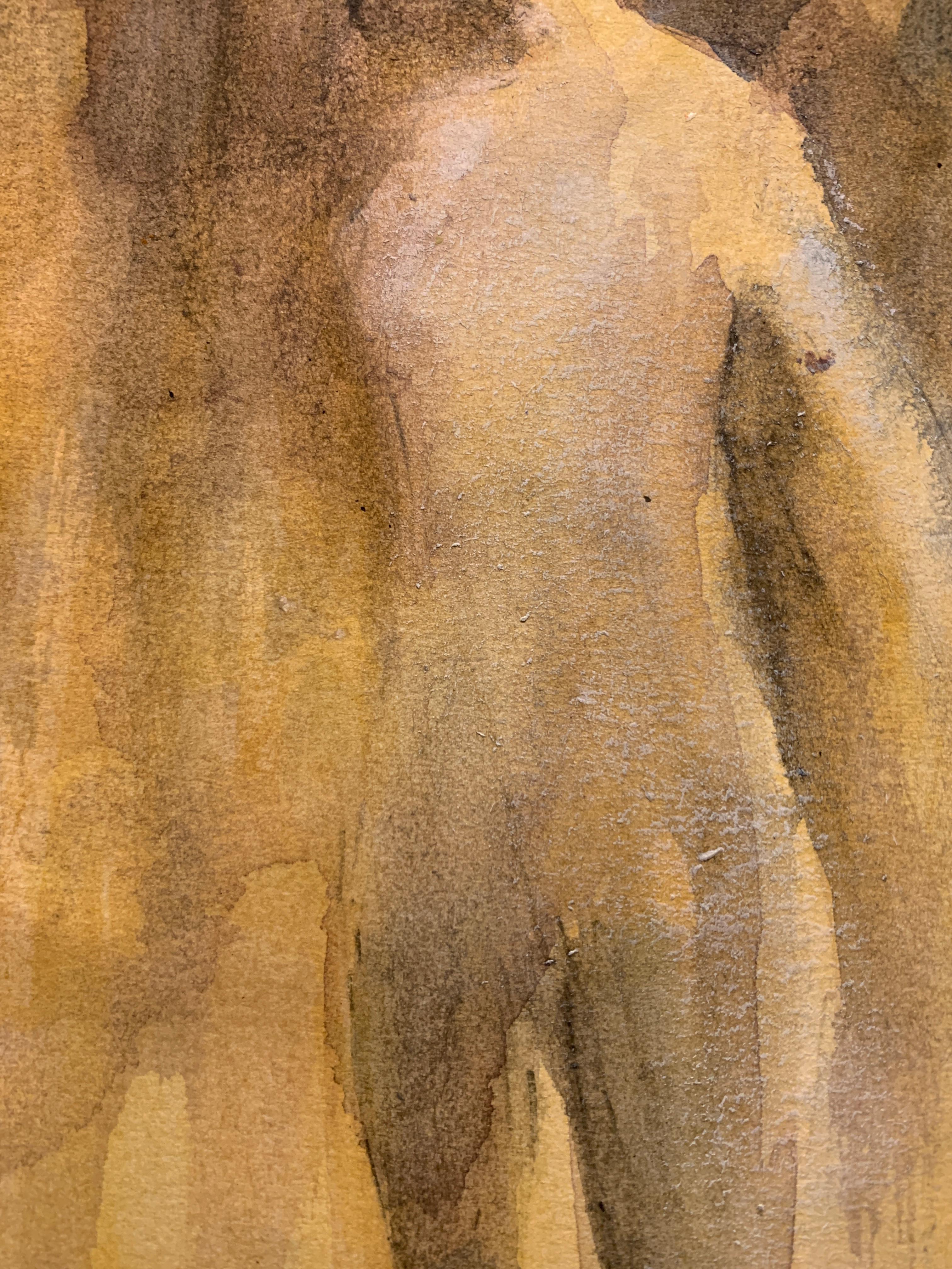 English abstract 20th century oil sketch of a figure in brown and ochre - Abstract Expressionist Painting by Bertha Long