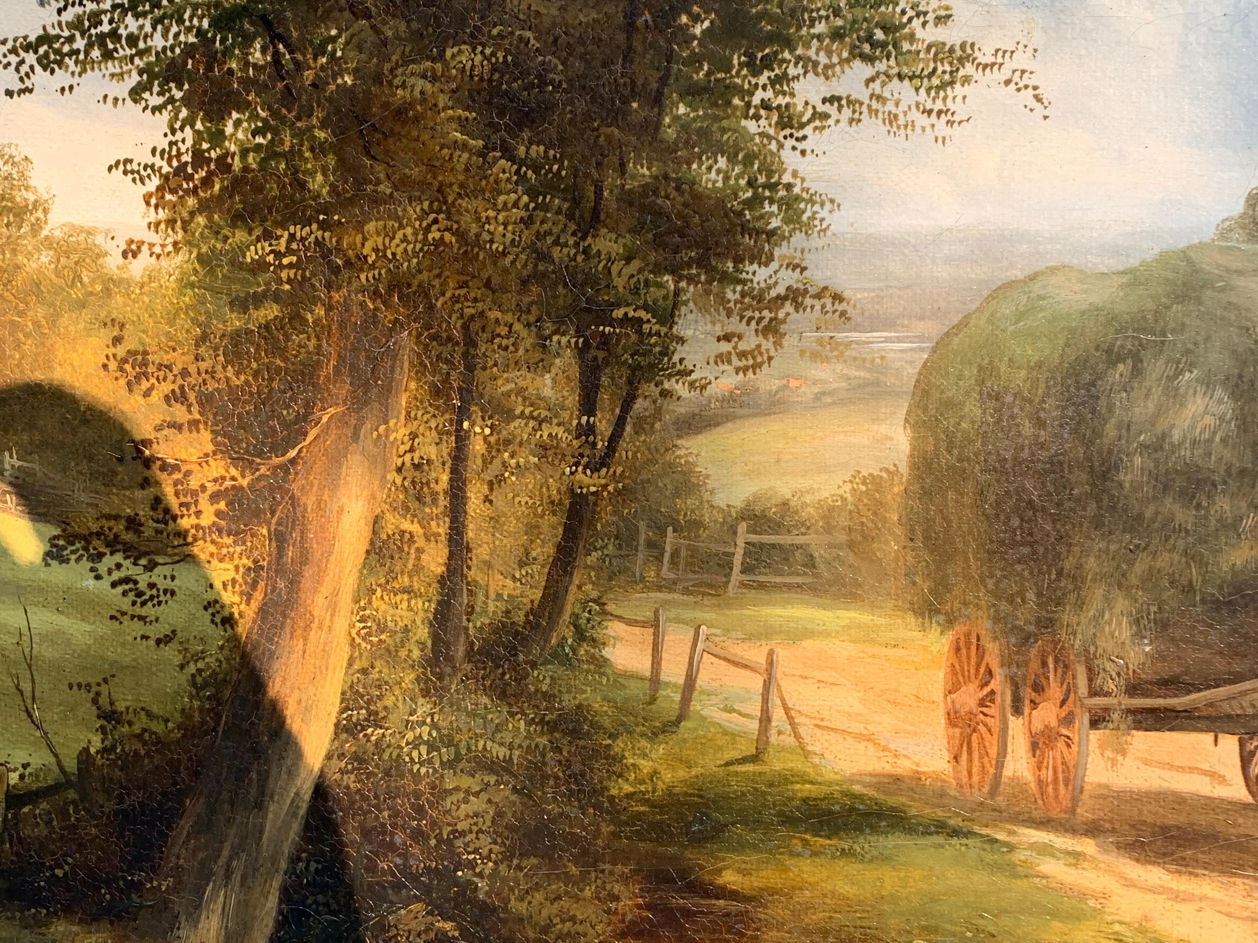 Late 19th century Antique English Village landscape, horses, people, haycart. 1